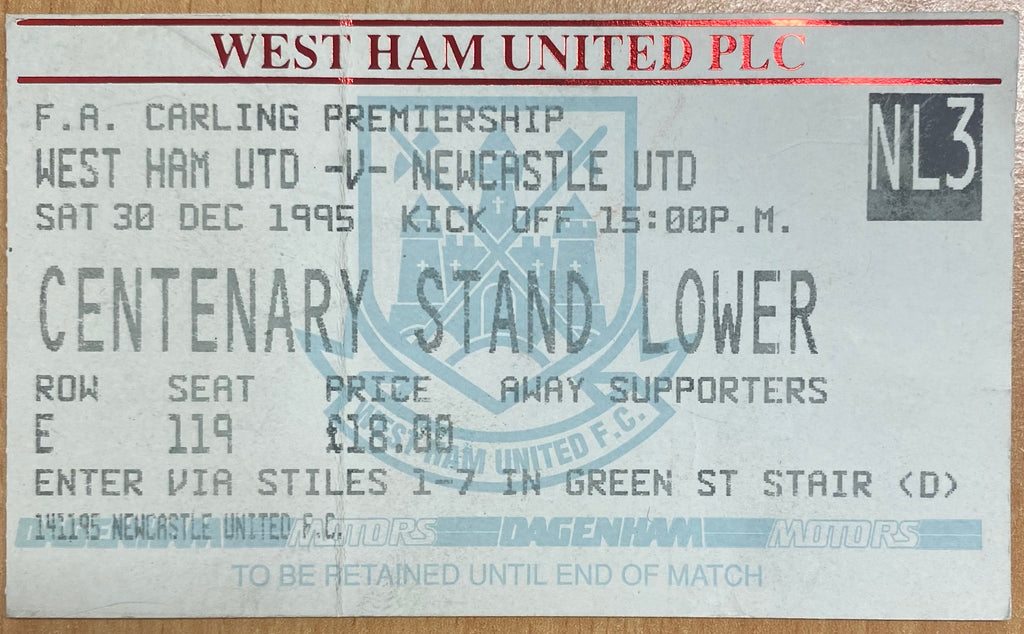 1995/96 ORIGINAL FA PREMIERSHIP TICKET WEST HAM UNITED V NEWCASTLE UNITED