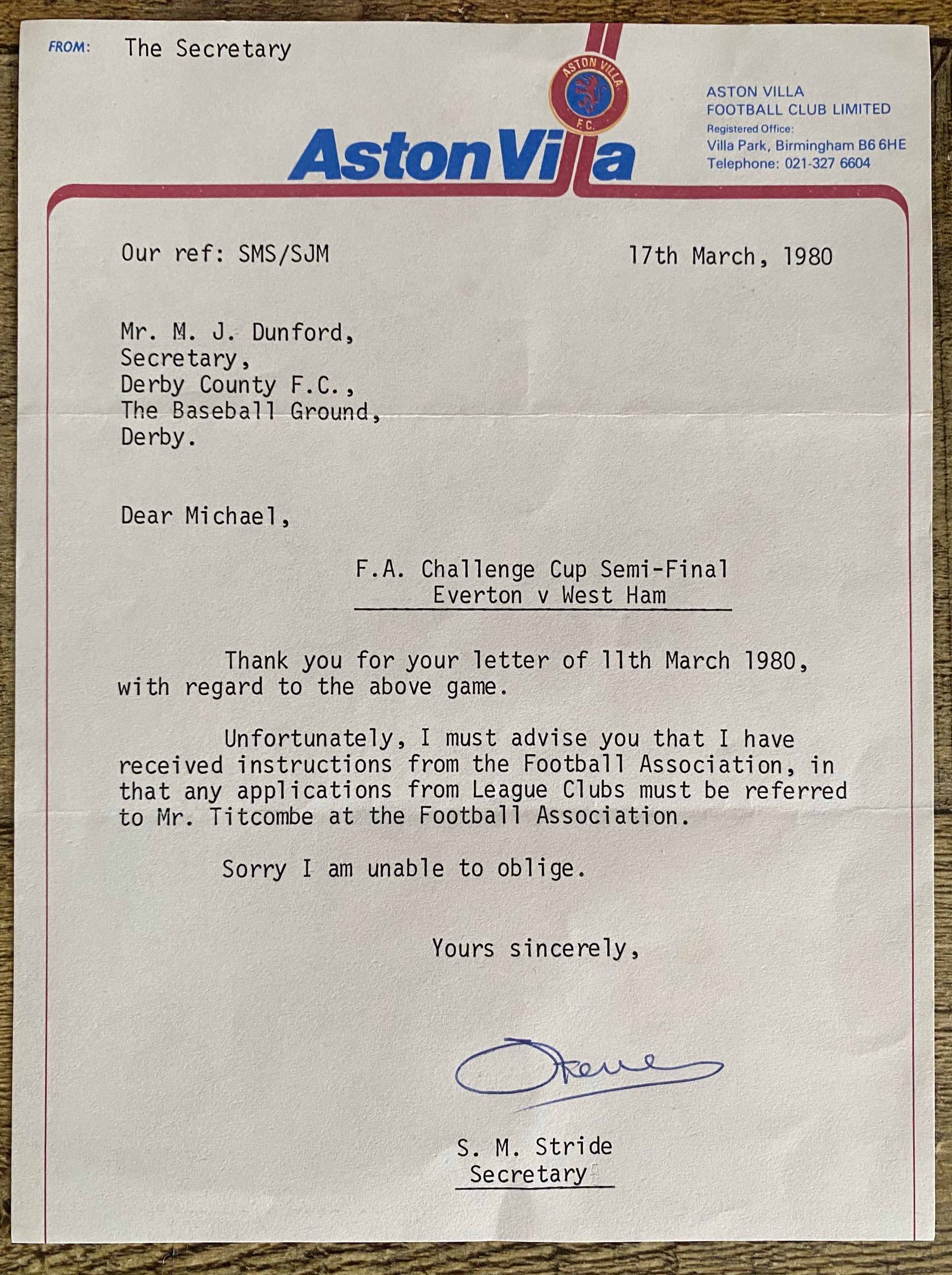 1980 ORIGINAL OFFICIAL ASTON VILLA LETTER TO DERBY COUNTY SECRETARY