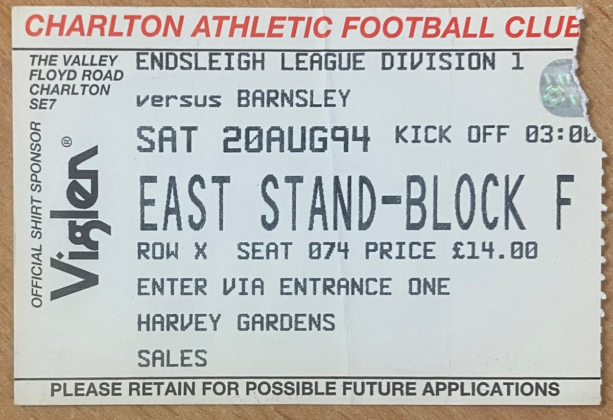 1994/95 ORIGINAL DIVISION 1 TICKET CHARLTON ATHLETIC V BARNSLEY