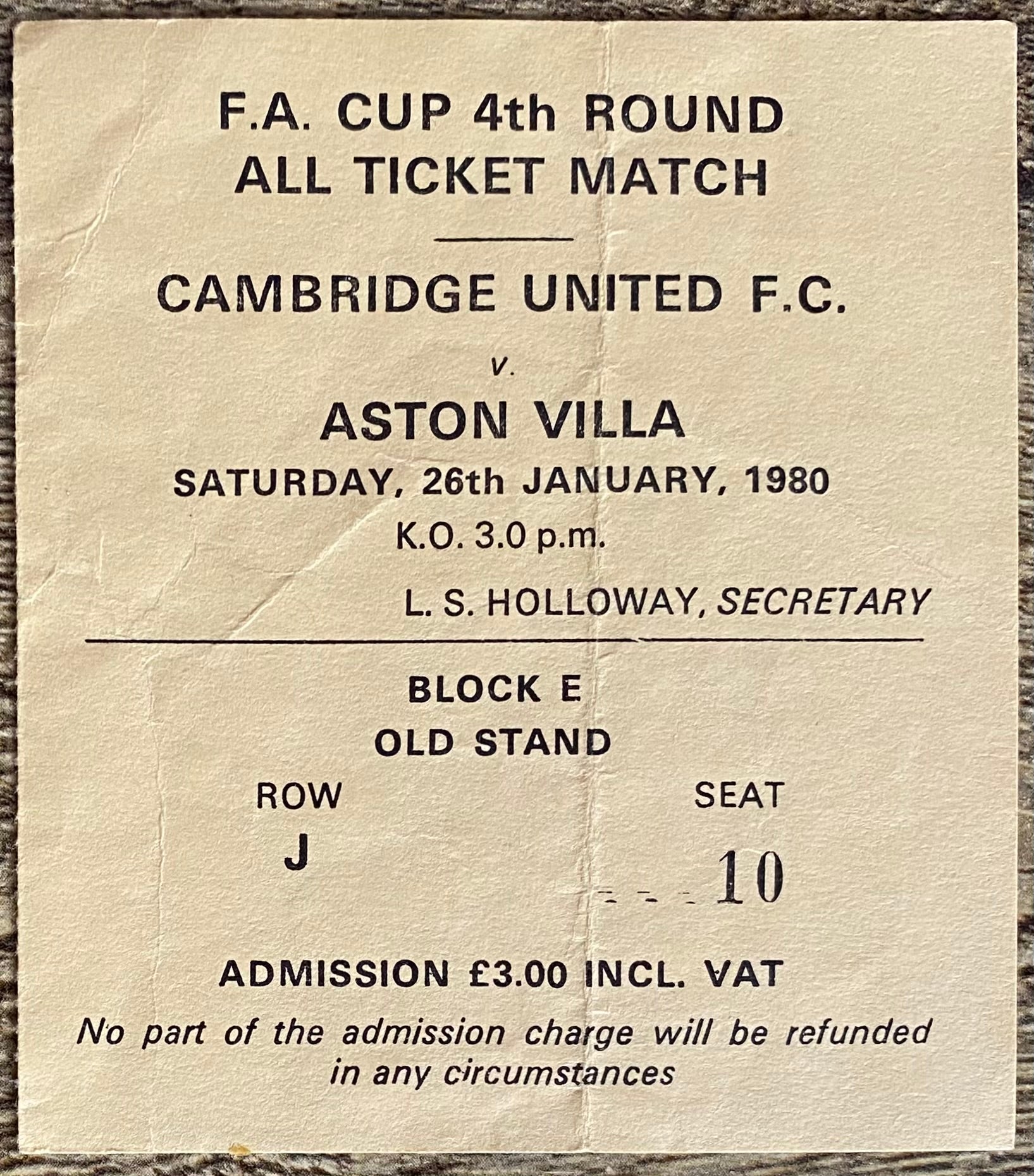 1979/80 ORIGINAL FA CUP 4TH ROUND TICKET CAMBRIDGE UNITED V ASTON VILLA