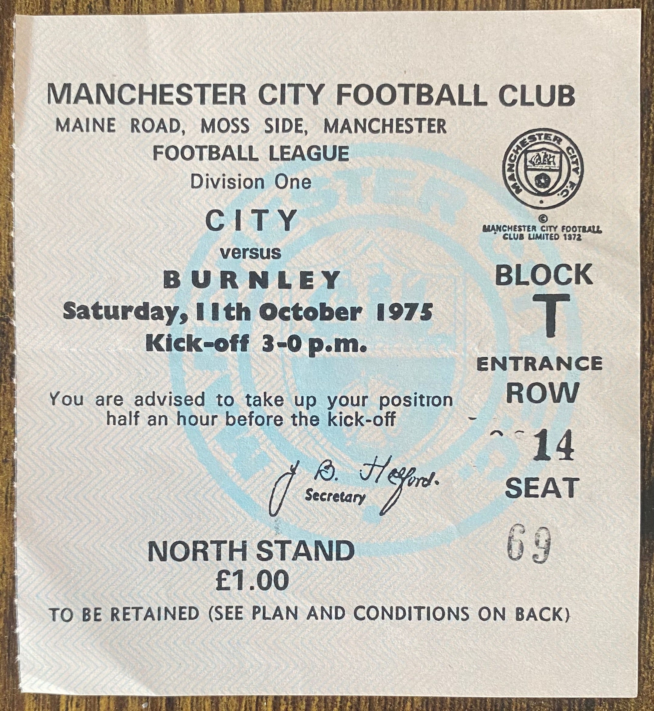 1975/76 ORIGINAL DIVISION ONE TICKET MANCHESTER CITY V BURNLEY