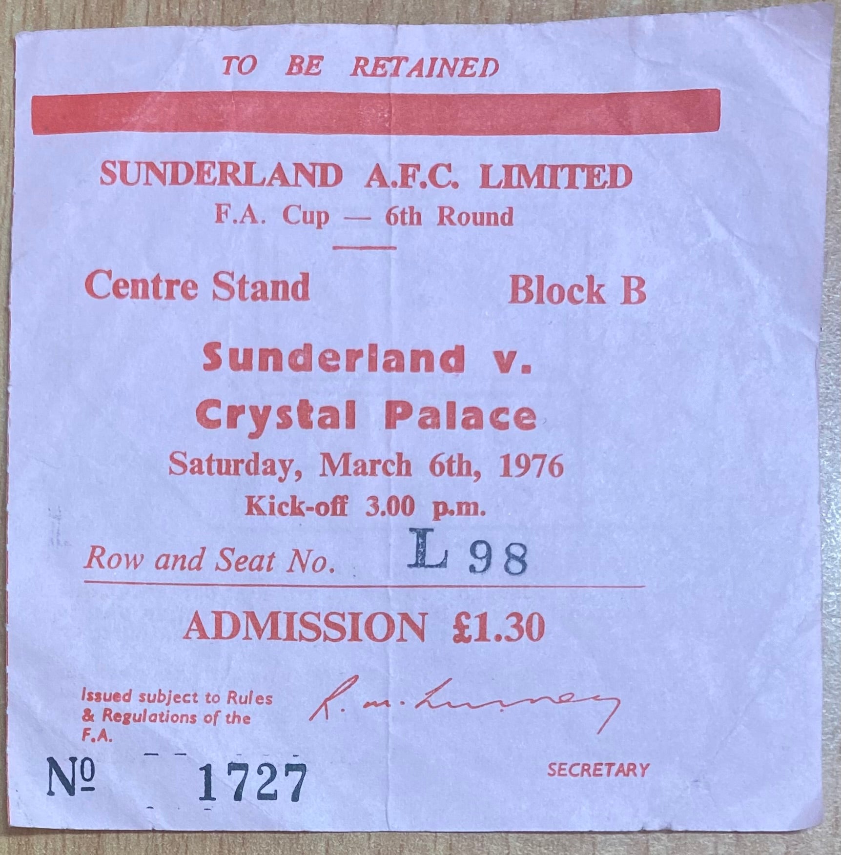 1975/76 ORIGINAL FA CUP 6TH ROUND TICKET SUNDERLAND V CRYSTAL PALACE