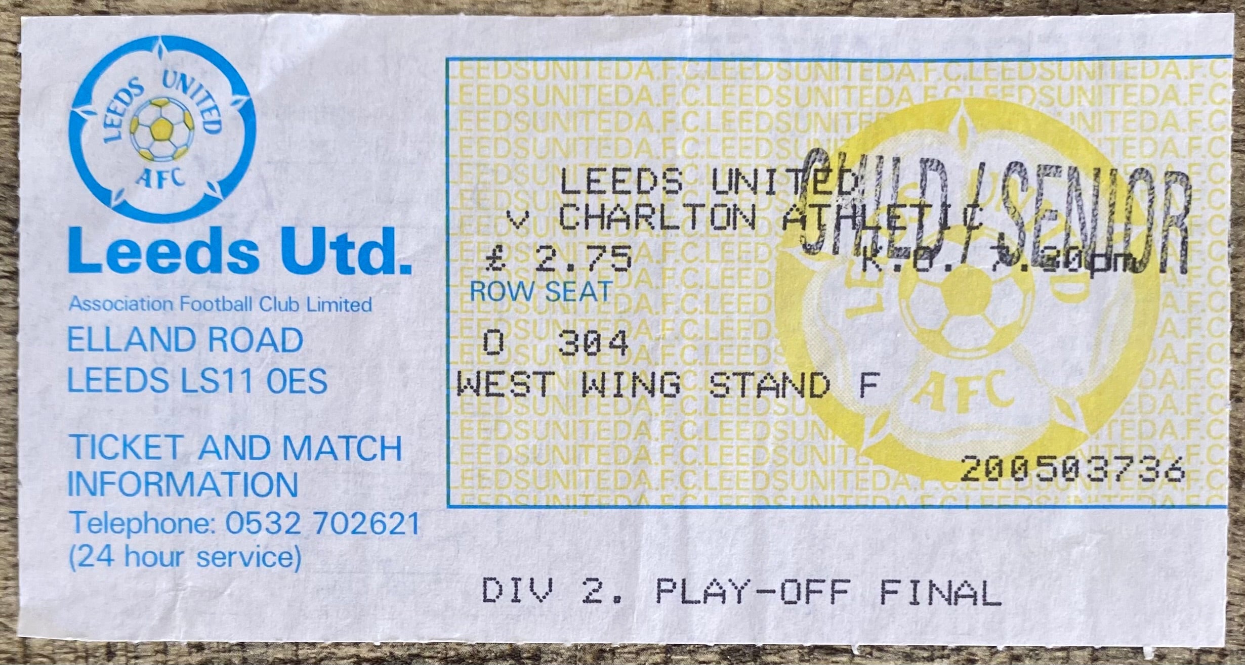 1986/87 ORIGINAL DIVISION 1 PLAY OFF FINAL 2ND LEG TICKET LEEDS UNITED V CHARLTON ATHLETIC