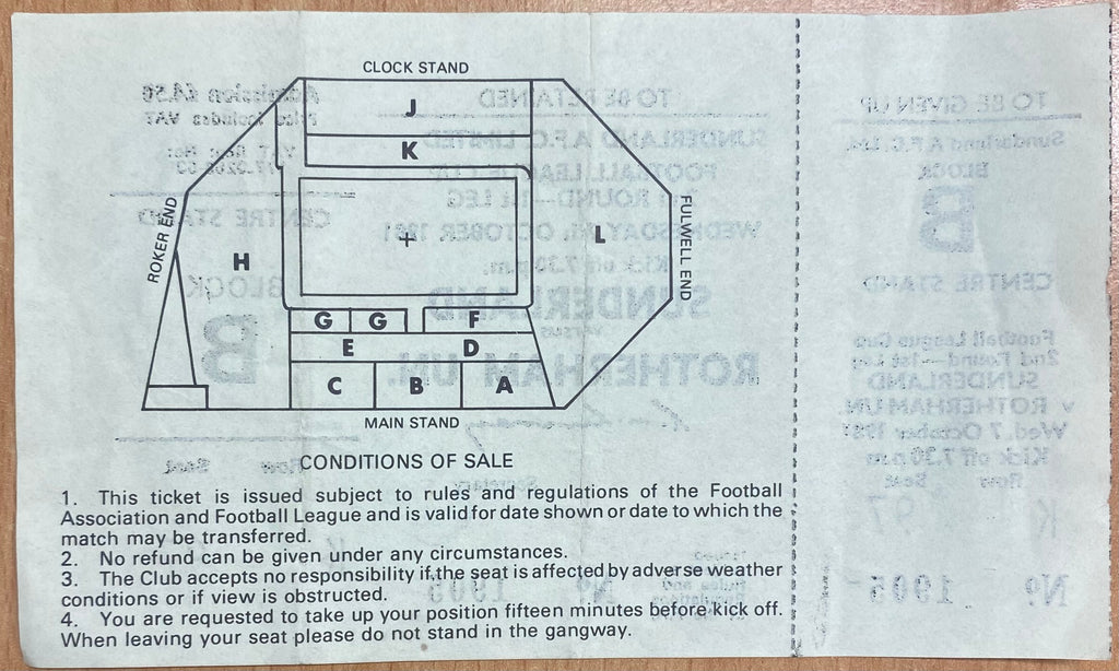 1981/82 ORIGINAL LEAGUE CUP 2ND ROUND 1ST LEG UNUSED TICKET SUNDERLAND V ROTHERHAM UNITED