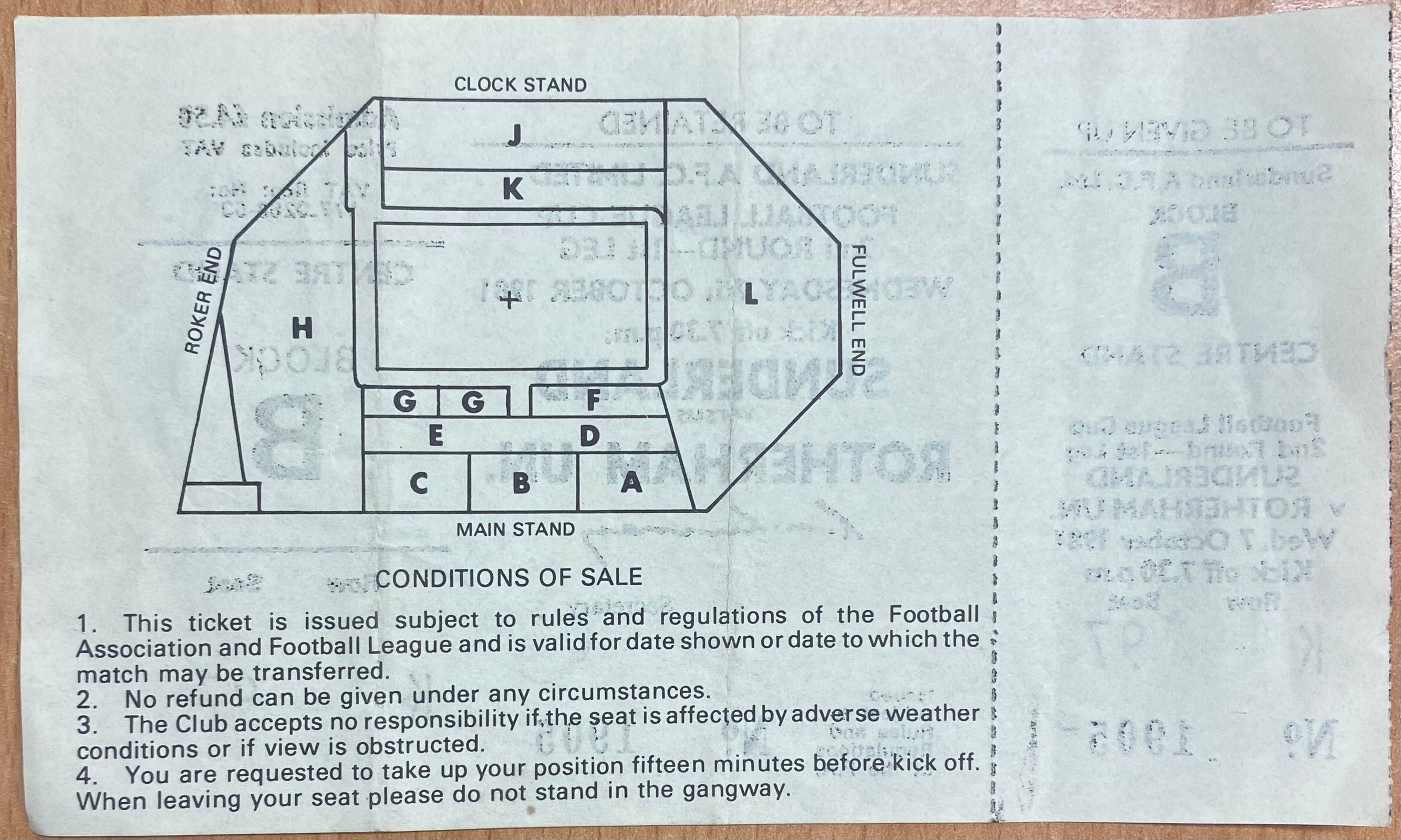 1981/82 ORIGINAL LEAGUE CUP 2ND ROUND 1ST LEG UNUSED TICKET SUNDERLAND V ROTHERHAM UNITED