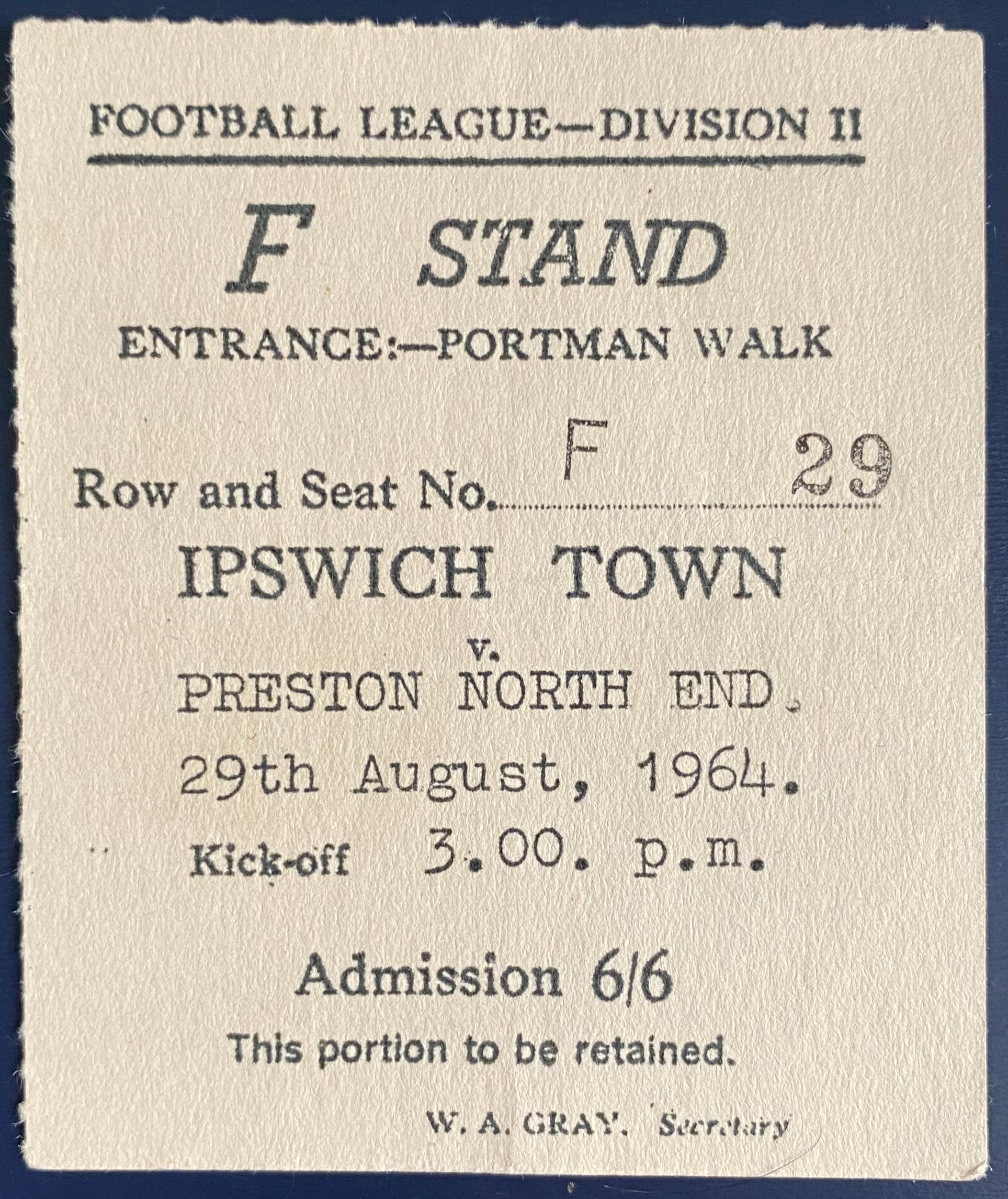 1964/65 ORIGINAL DIVISION 2 TICKET IPSWICH TOWN V PRESTON NORTH END