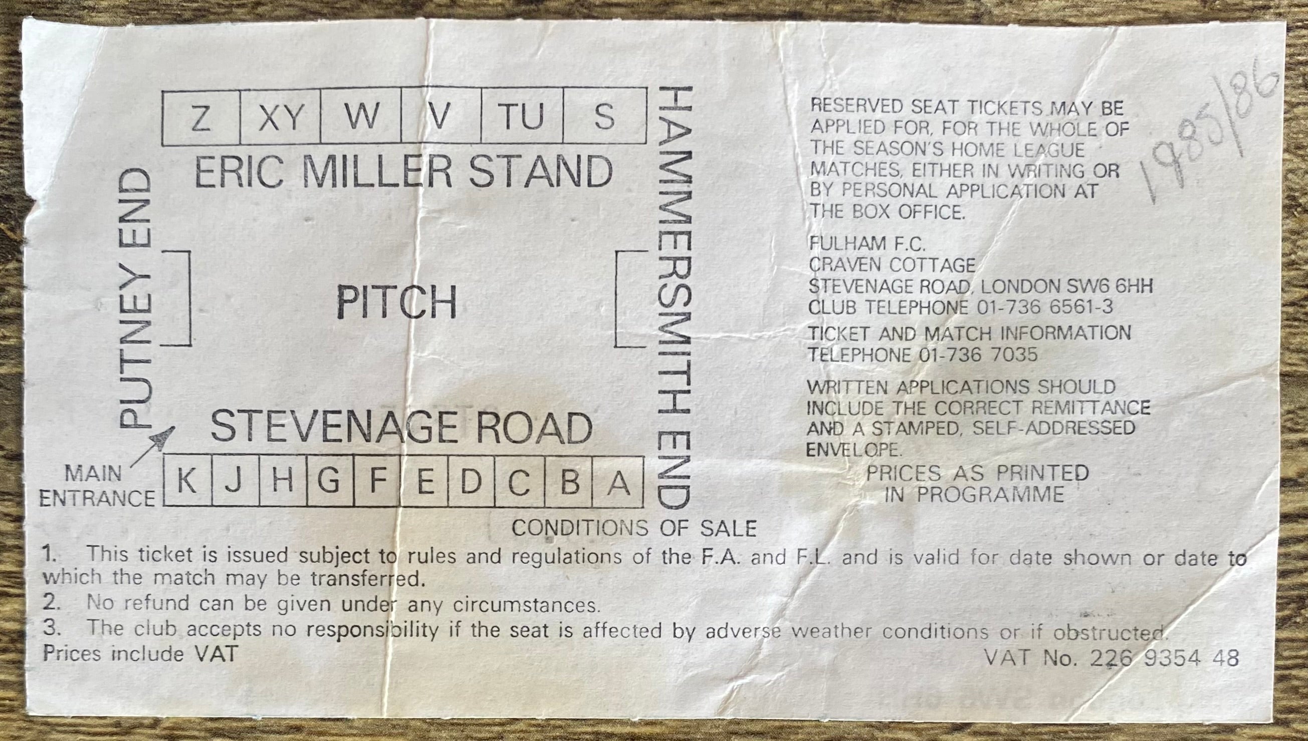 1985/86 ORIGINAL MILK CUP 3RD ROUND REPLAY TICKET FULHAM V CHELSEA