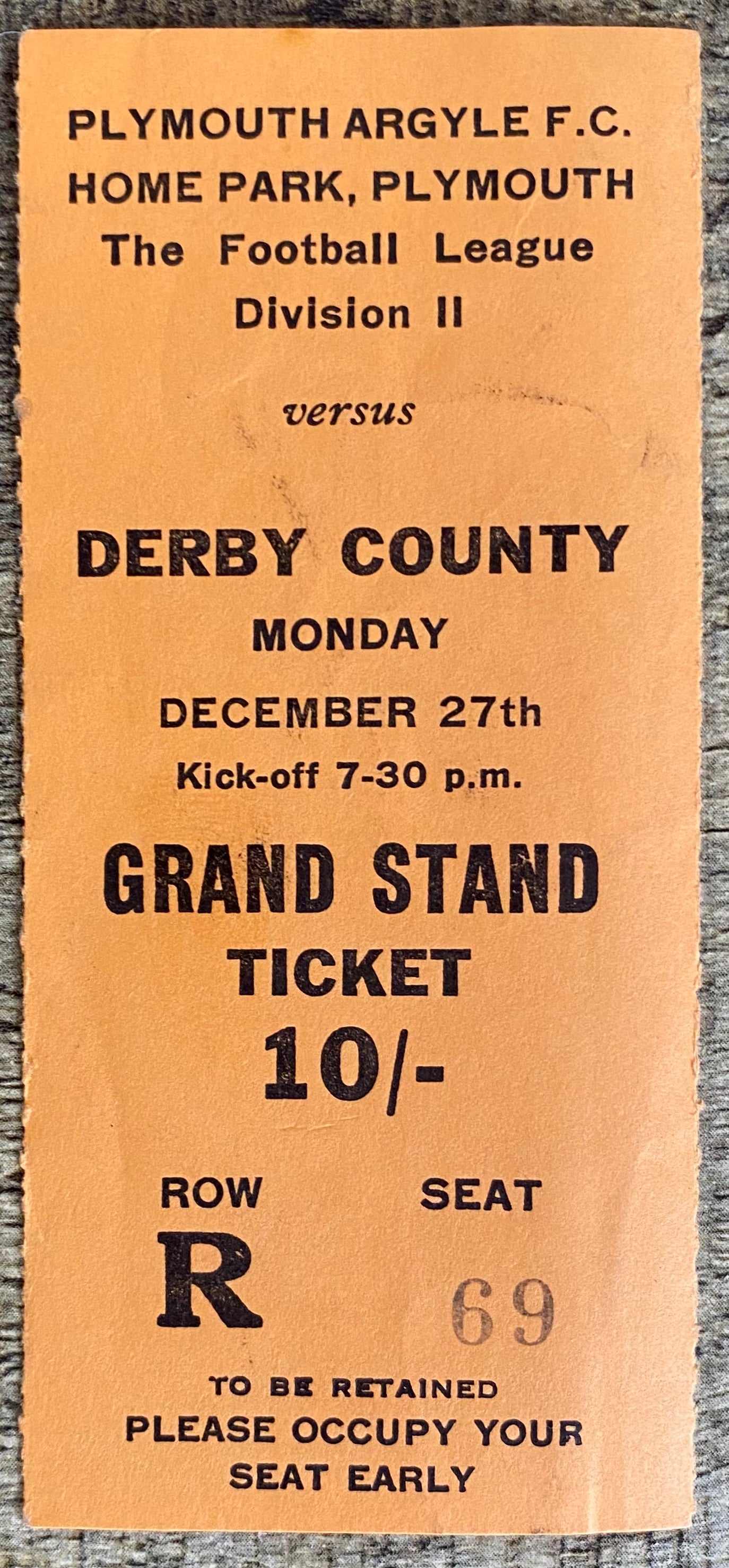 1965/66  ORIGINAL DIVISION 2 TICKET PLYMOUTH ARGYLE V DERBY COUNTY