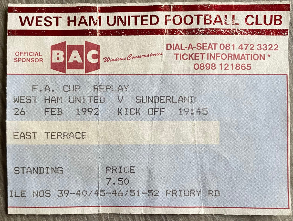 1991/92 ORIGINAL FA CUP 5TH ROUND REPLAY TICKET WEST HAM UNITED V SUNDERLAND