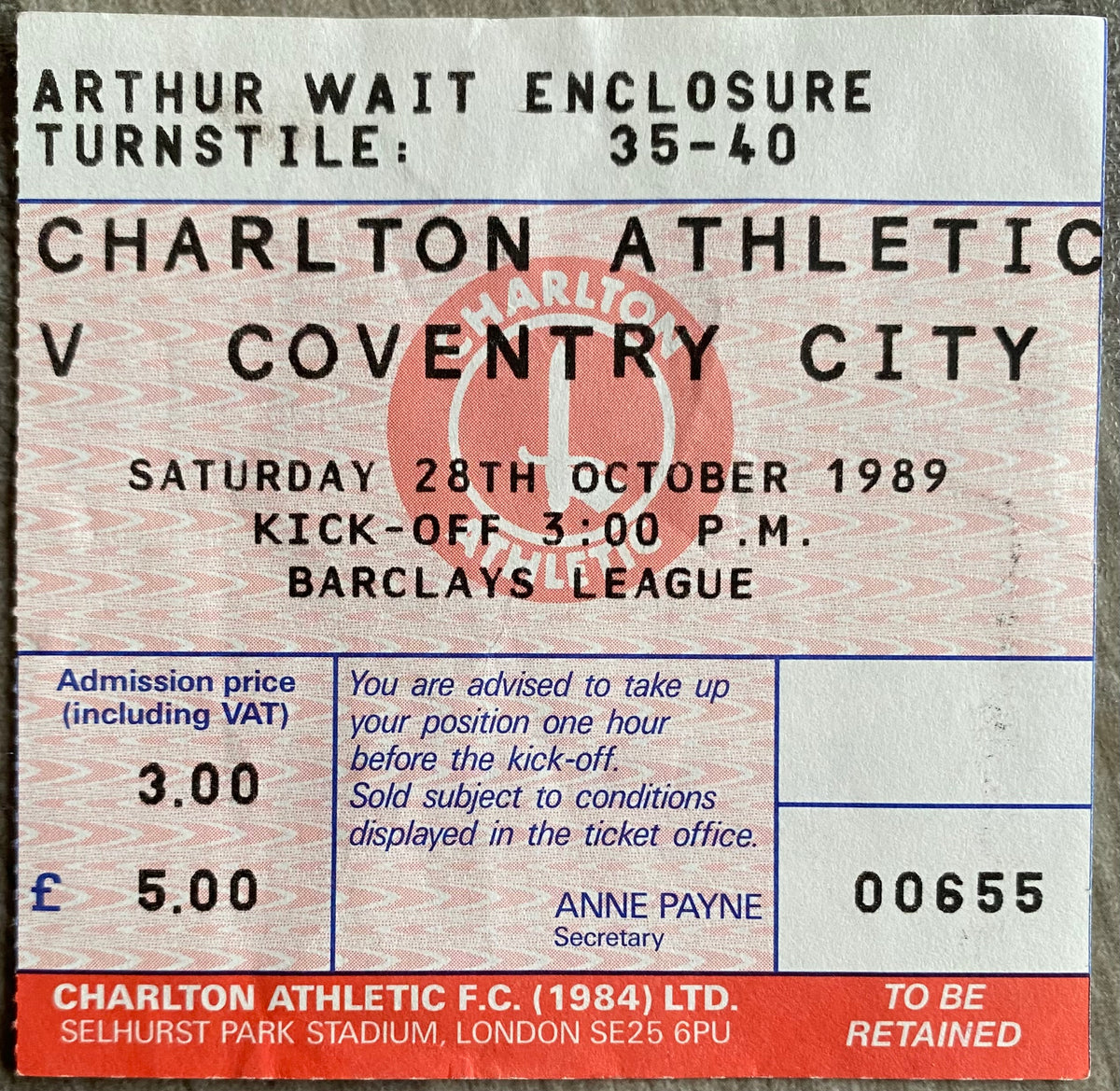 1989/90 ORIGINAL DIVISION ONE TICKET CHARLTON ATHLETIC V COVENTRY CITY