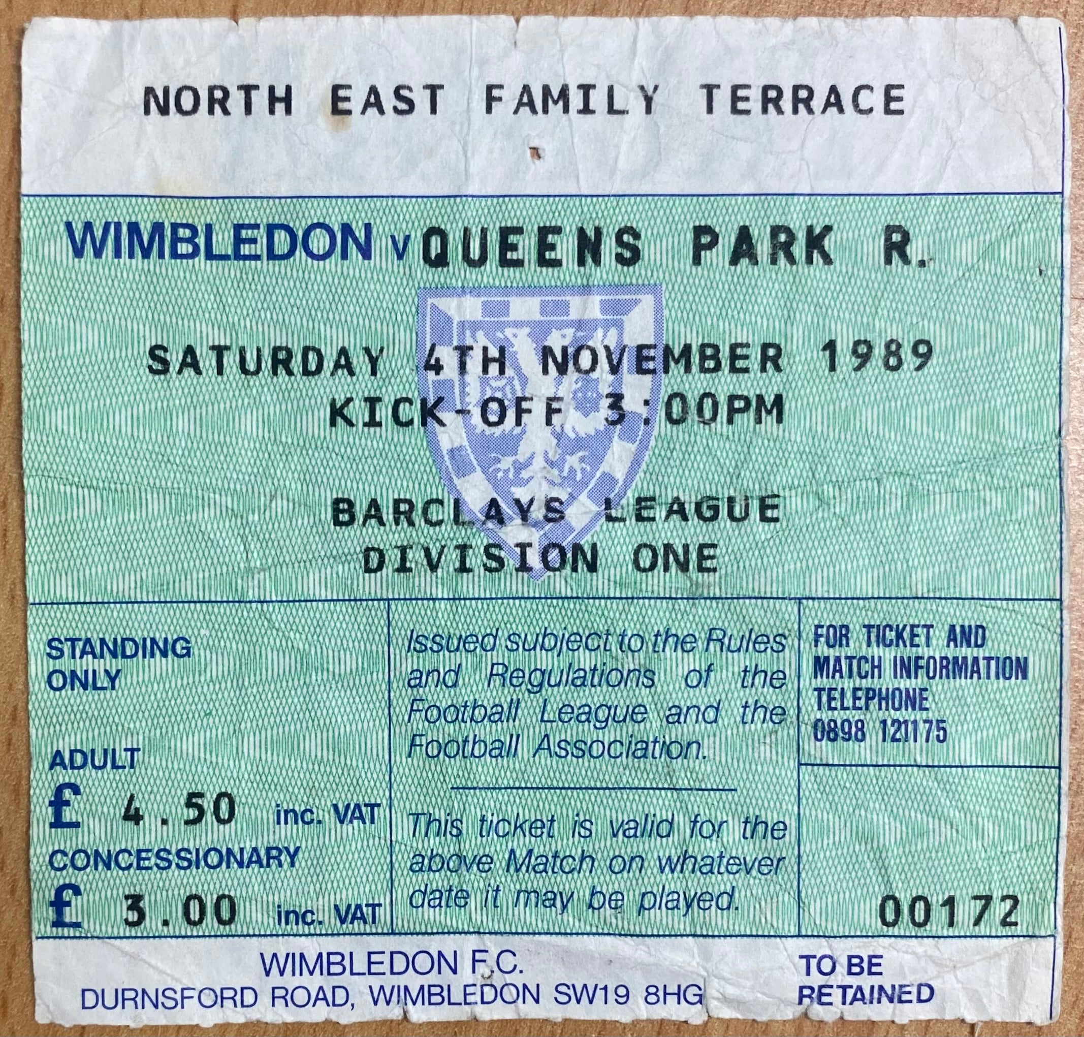 1989/90 ORIGINAL DIVISION 1 TICKET WIMBLEDON V QUEENS PARK RANGERS