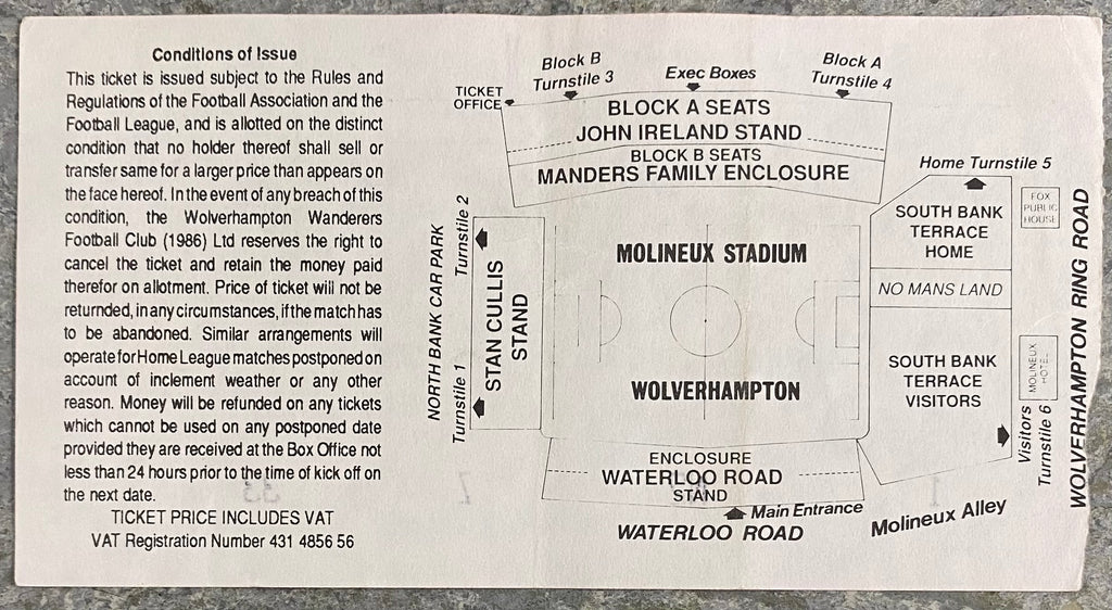 1992/93 ORIGINAL DIVISION 1 TICKET WOLVERHAMPTON WANDERERS V GRIMSBY TOWN