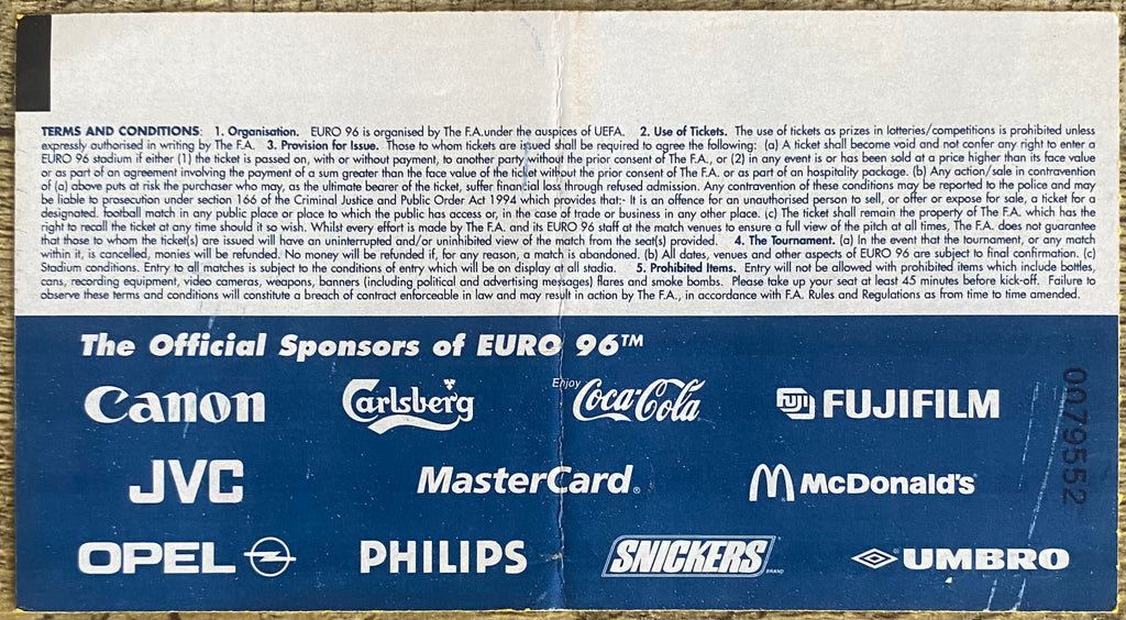1996 ORIGINAL EUROPEAN CHAMPIONSHIPS EURO 96 TICKET SCOTLAND V SWITZERLAND @ VILLA PARK