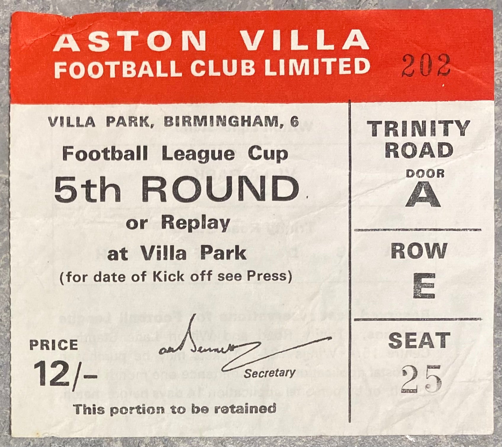 1970/71 ORIGINAL LEAGUE CUP 5TH ROUND REPLAY TICKET ASTON VILLA V BRISTOL ROVERS