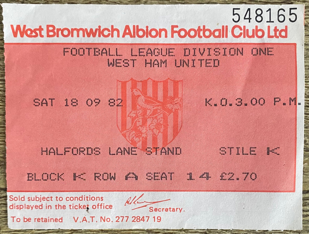 1982/83 ORIGINAL DIVISION 1 TICKET WEST BROMWICH ALBION V WEST HAM UNITED