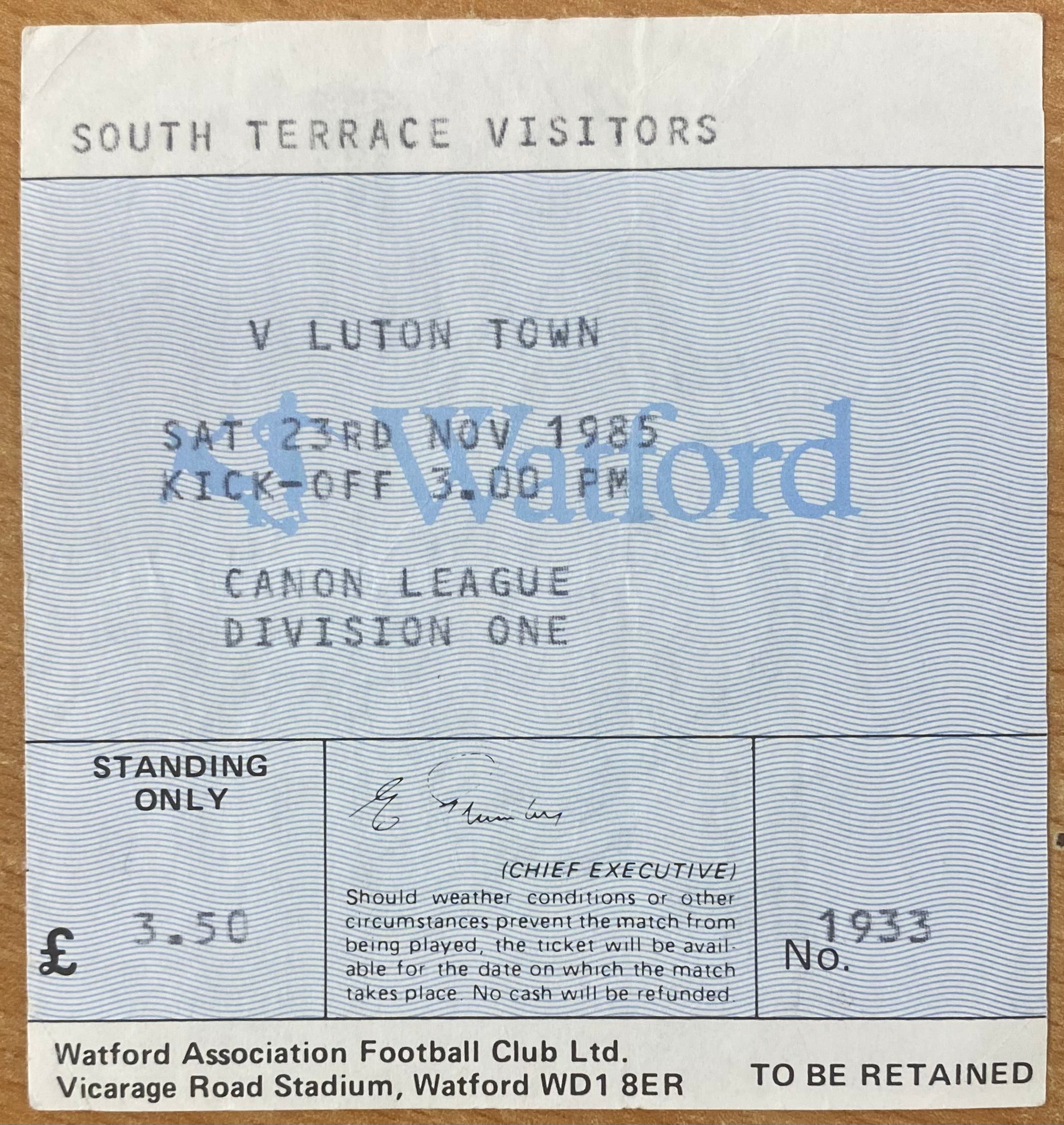 1985/86 ORIGINAL DIVISION 1 TICKET WATFORD V LUTON TOWN