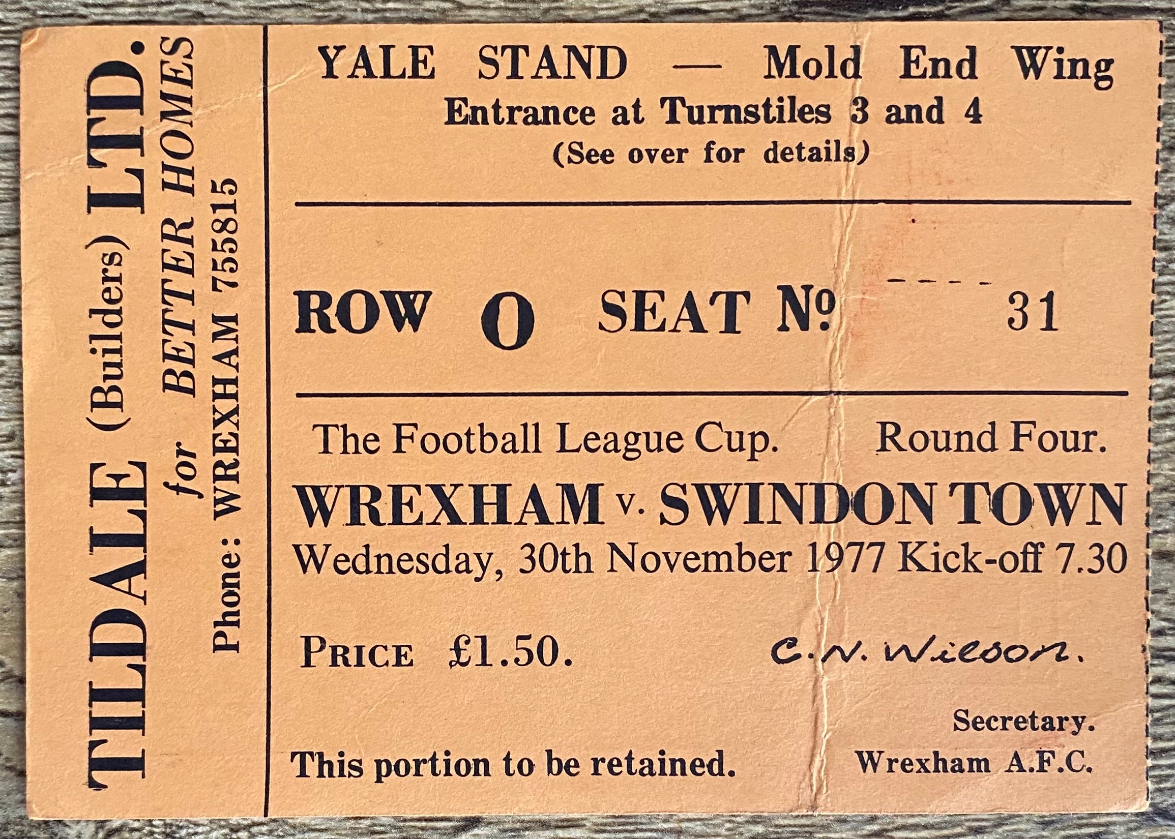 1977/78 ORIGINAL LEAGUE CUP 4TH ROUND TICKET WREXHAM V SWINDON TOWN