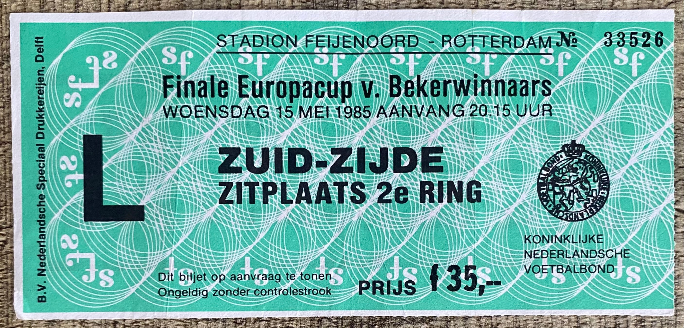 1985 ORIGINAL EUROPEAN CUP WINNERS CUP FINAL TICKET EVERTON V RAPID VIENNA @ ROTTERDAM