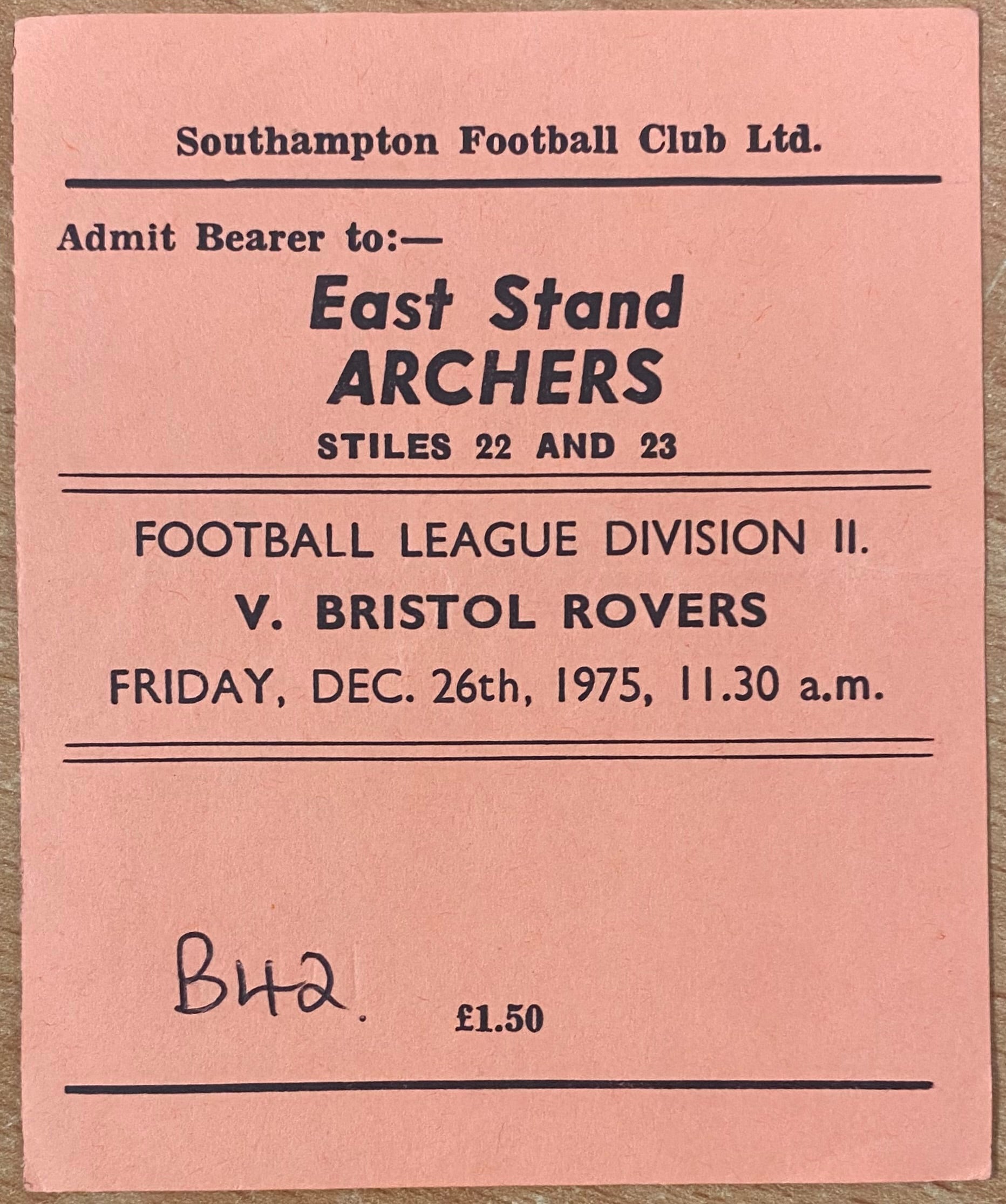 1975/76 ORIGINAL DIVISION 2 TICKET SOUTHAMPTON V BRISTOL ROVERS