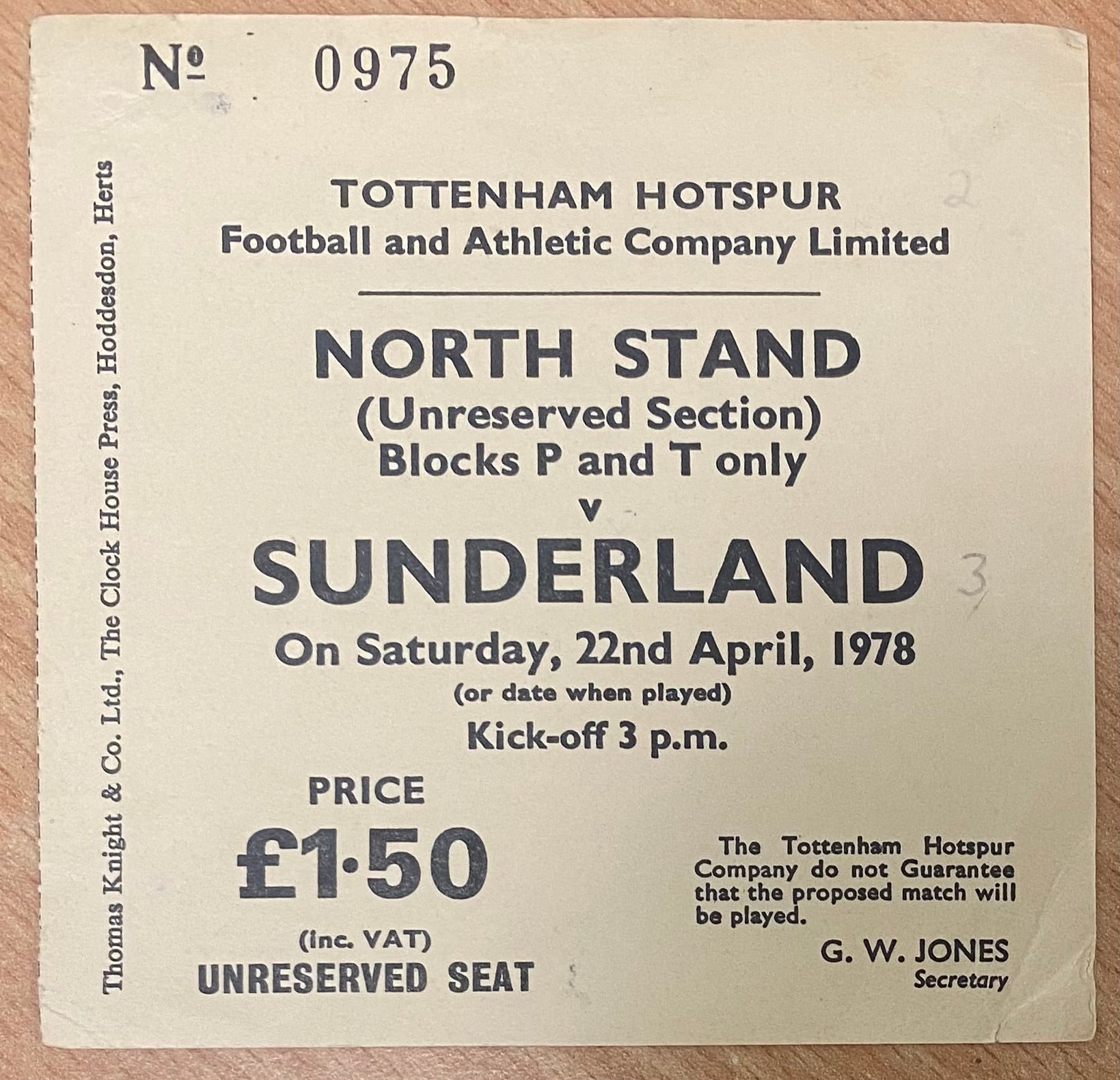 1977/78 ORIGINAL DIVISION TWO TICKET TOTTENHAM HOTSPUR V SUNDERLAND