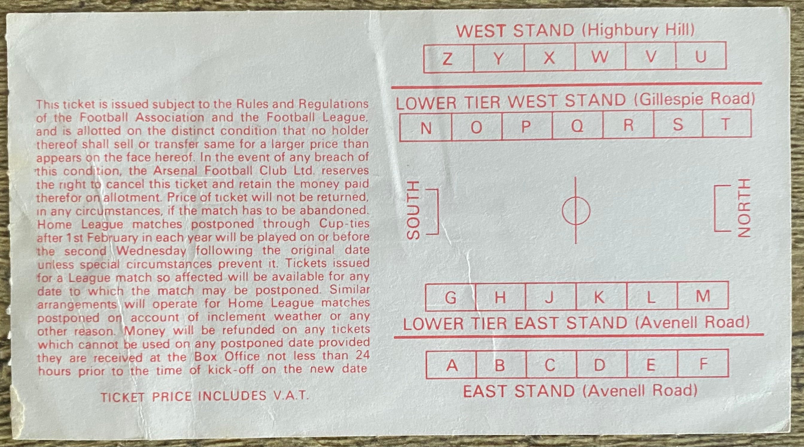 1980/81 ORIGINAL DIVISION ONE TICKET ARSENAL V MIDDLESBROUGH