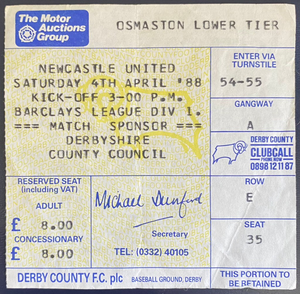 1987/88 ORIGINAL DIVISION 1 TICKET DERBY COUNTY V NEWCASTLE UNITED