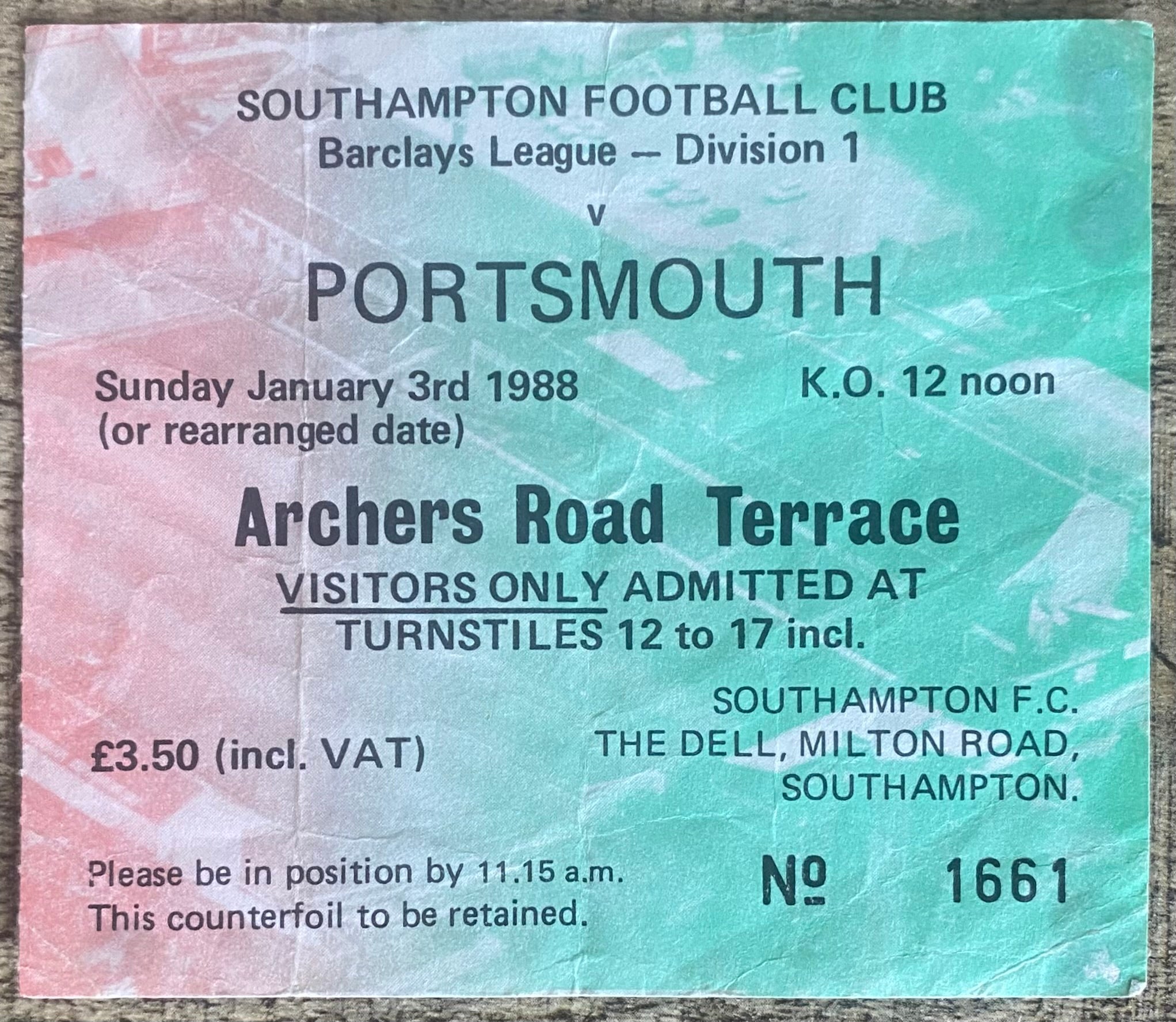 1987/88 ORIGINAL DIVISION 1 TICKET SOUTHAMPTON V PORTSMOUTH