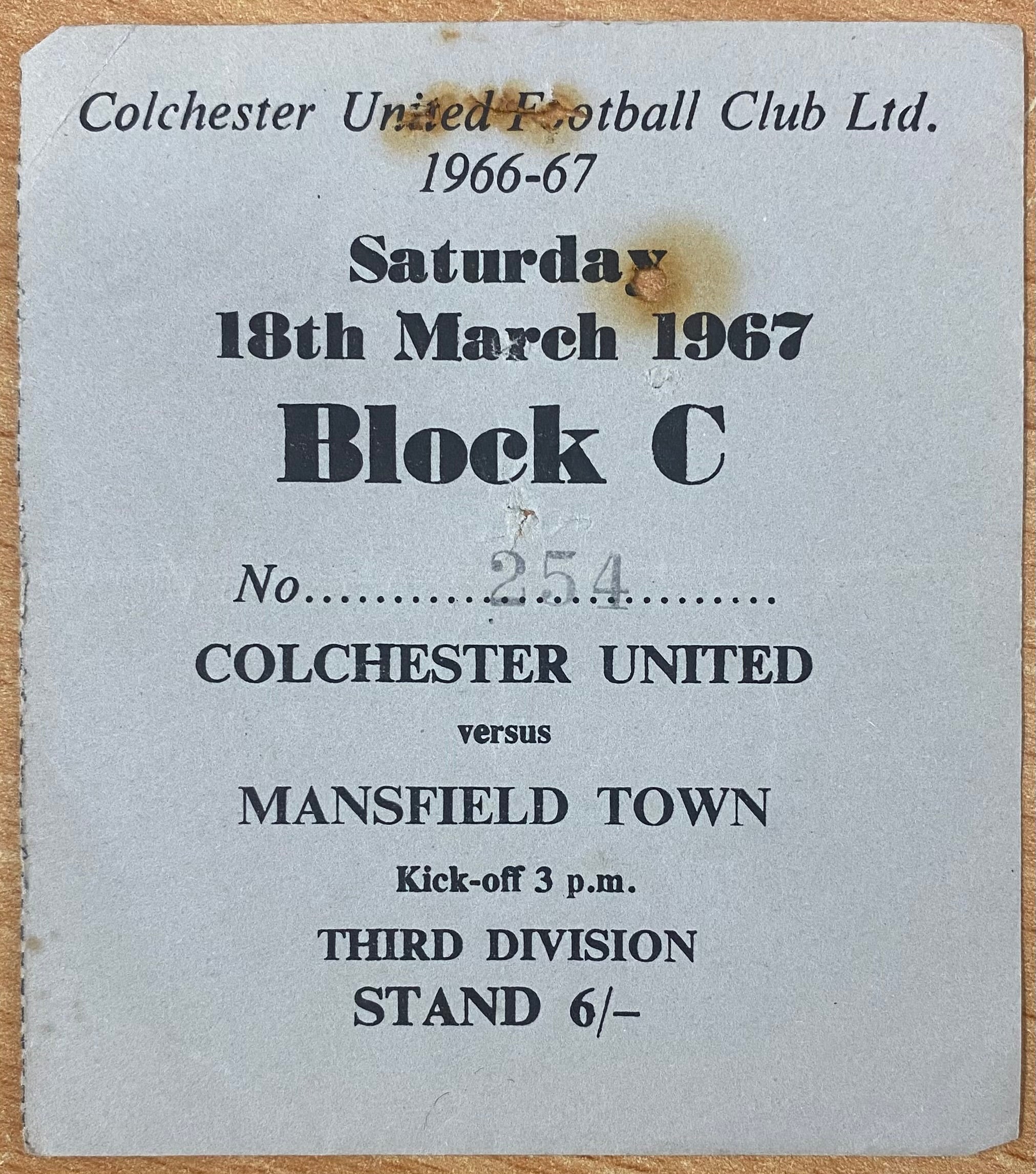 1966/67 ORIGINAL DIVISION 3 TICKET COLCHESTER UNITED V MANSFIELD TOWN