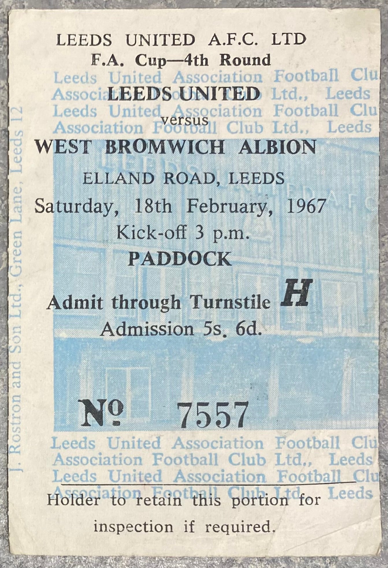 1966/67 ORIGINAL FA CUP 4TH ROUND TICKET LEEDS UNITED V WEST BROMWICH ALBION