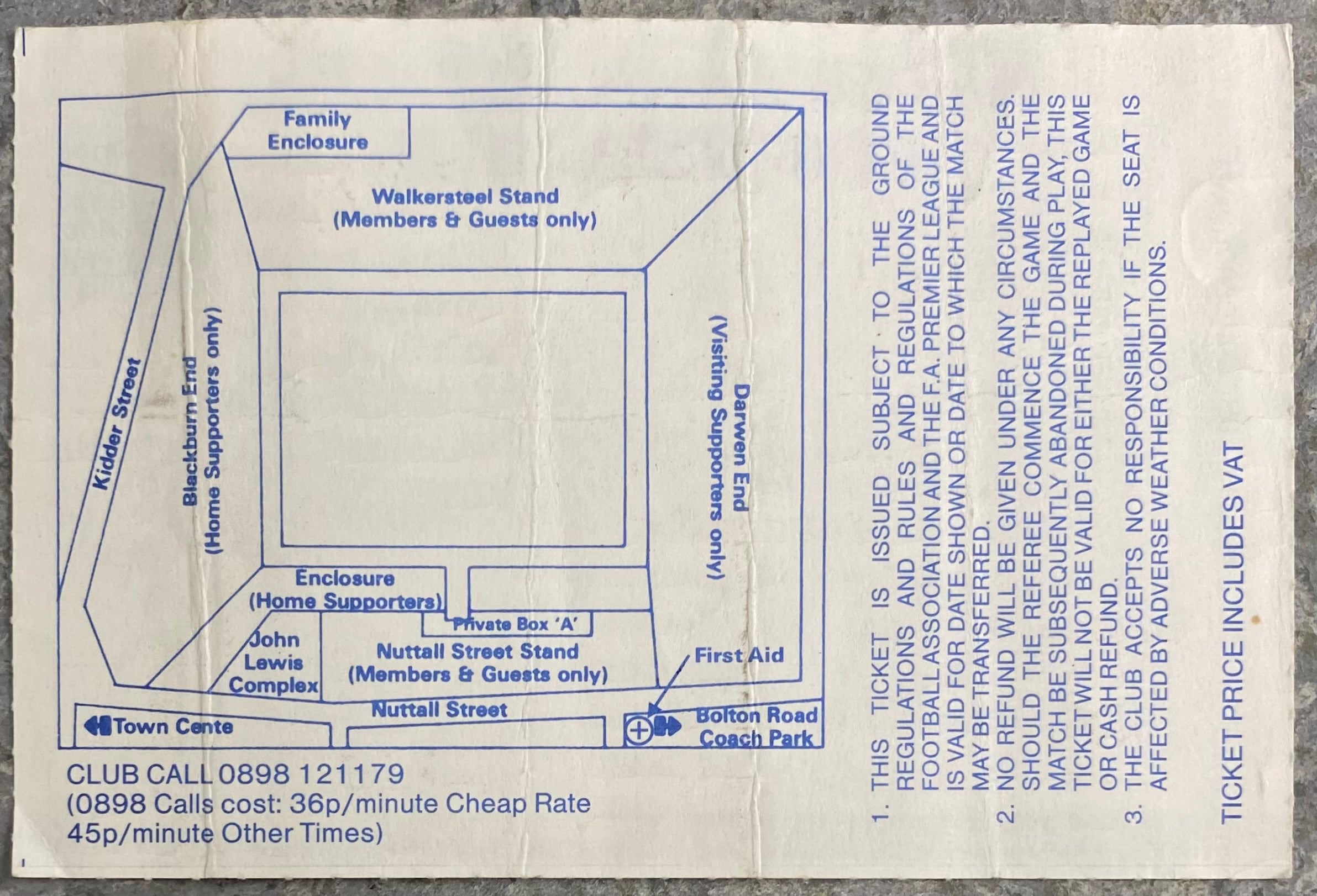1992/93 ORIGINAL PREMIER LEAGUE TICKET BLACKBURN ROVERS V ASTON VILLA