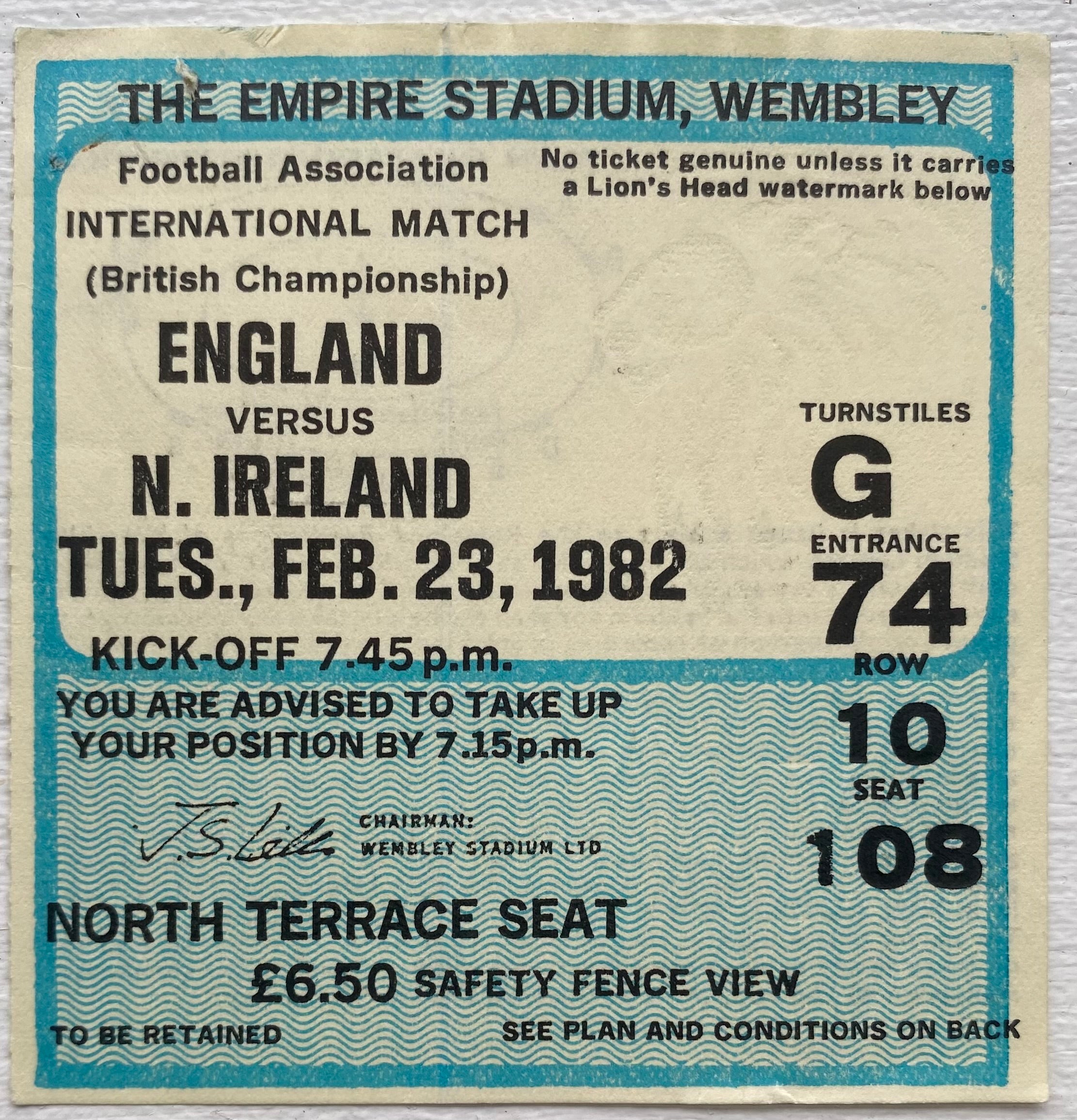 1982 ORIGINAL BRITISH HOME INTERNATIONAL CHAMPIONSHIPS TICKET ENGLAND V NORTHERN IRELAND