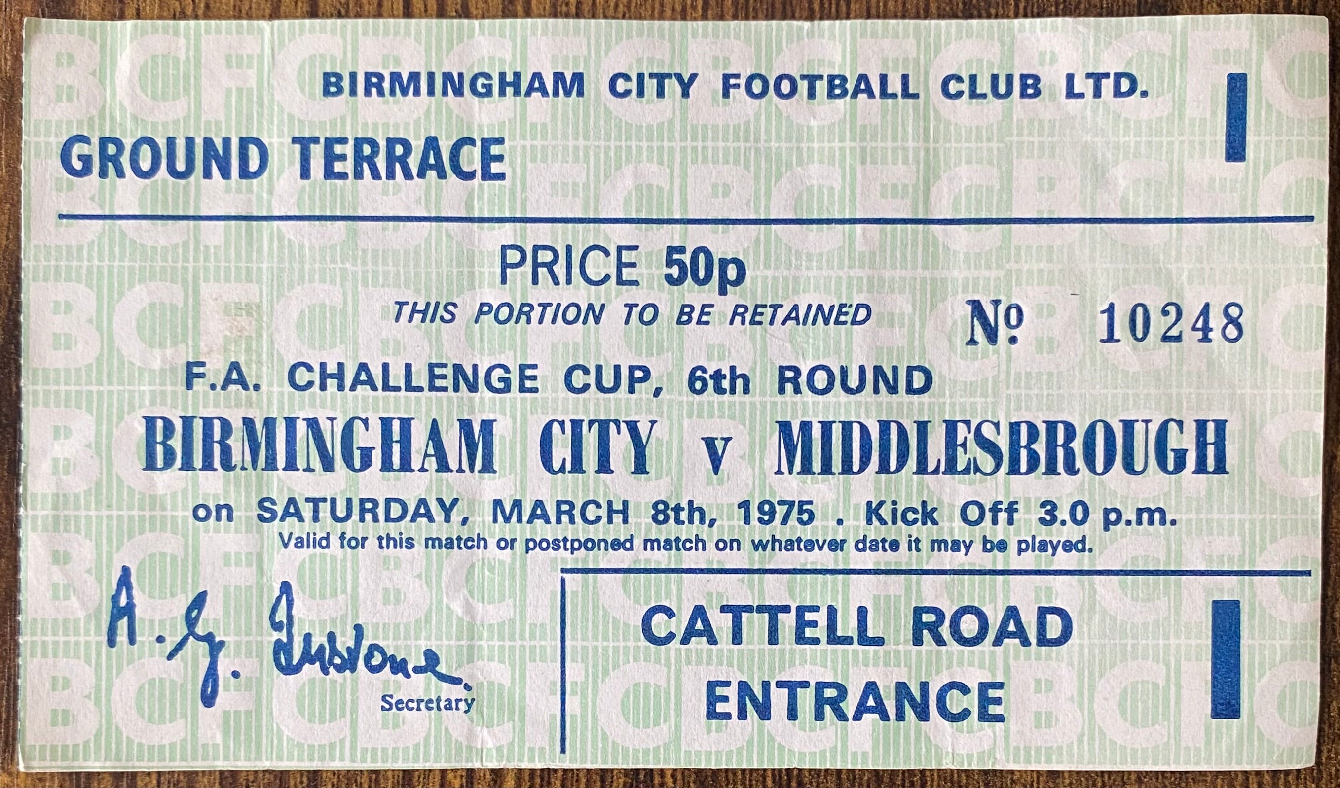 1974/75 ORIGINAL FA CUP 6TH ROUND TICKET BIRMINGHAM CITY V MIDDLESBROUGH