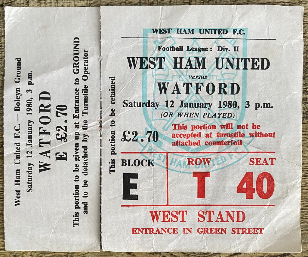 1979/80 ORIGINAL DIVISION 2 TICKET WEST HAM UNITED V WATFORD