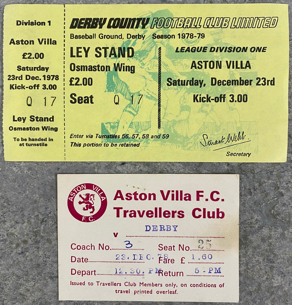 1978/79 ORIGINAL DIVISION 1 UNUSED TICKET DERBY COUNTY V ASTON VILLA + TRAVEL TICKET