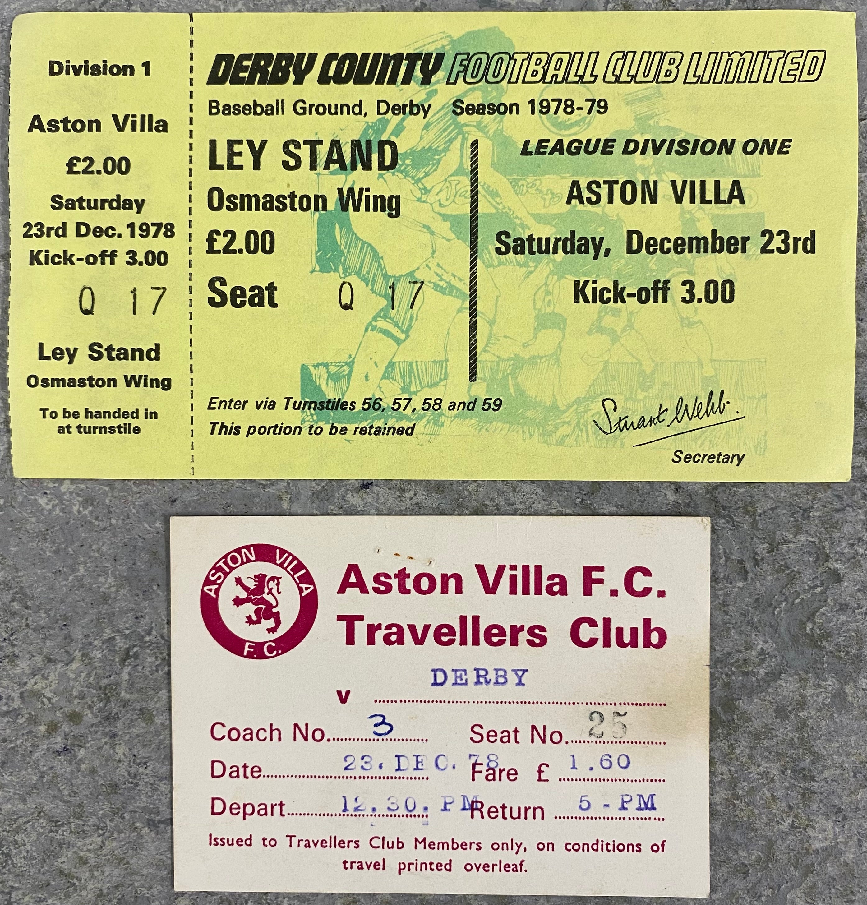 1978/79 ORIGINAL DIVISION 1 UNUSED TICKET DERBY COUNTY V ASTON VILLA + TRAVEL TICKET