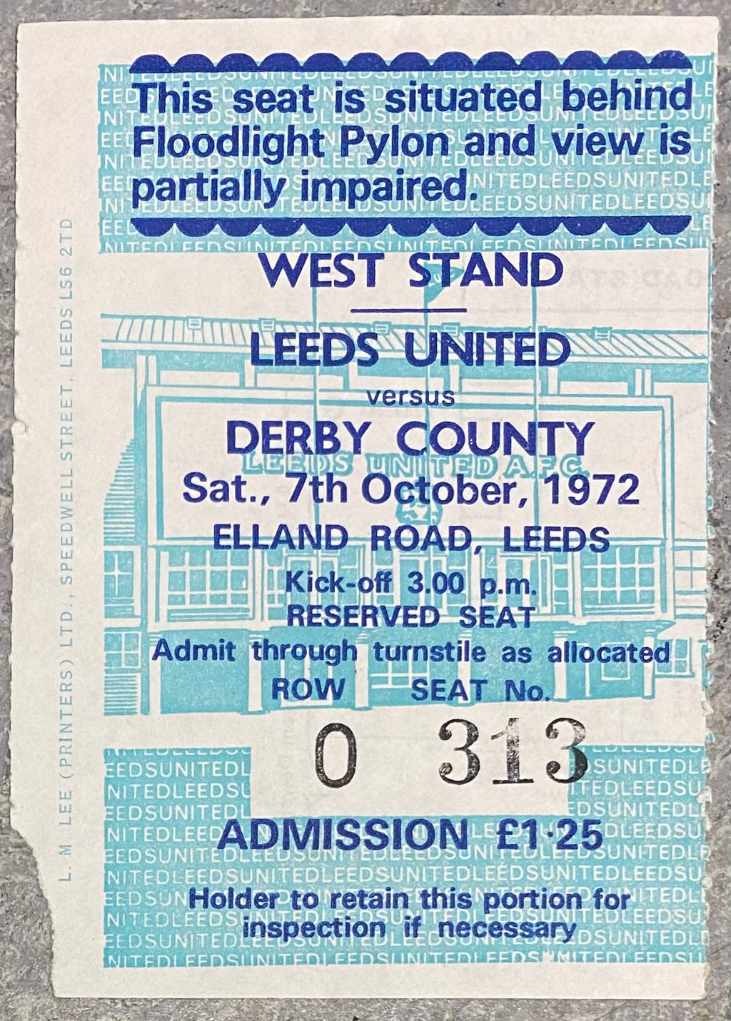 1972/73 ORIGINAL DIVISION 1 TICKET LEEDS UNITED V DERBY COUNTY