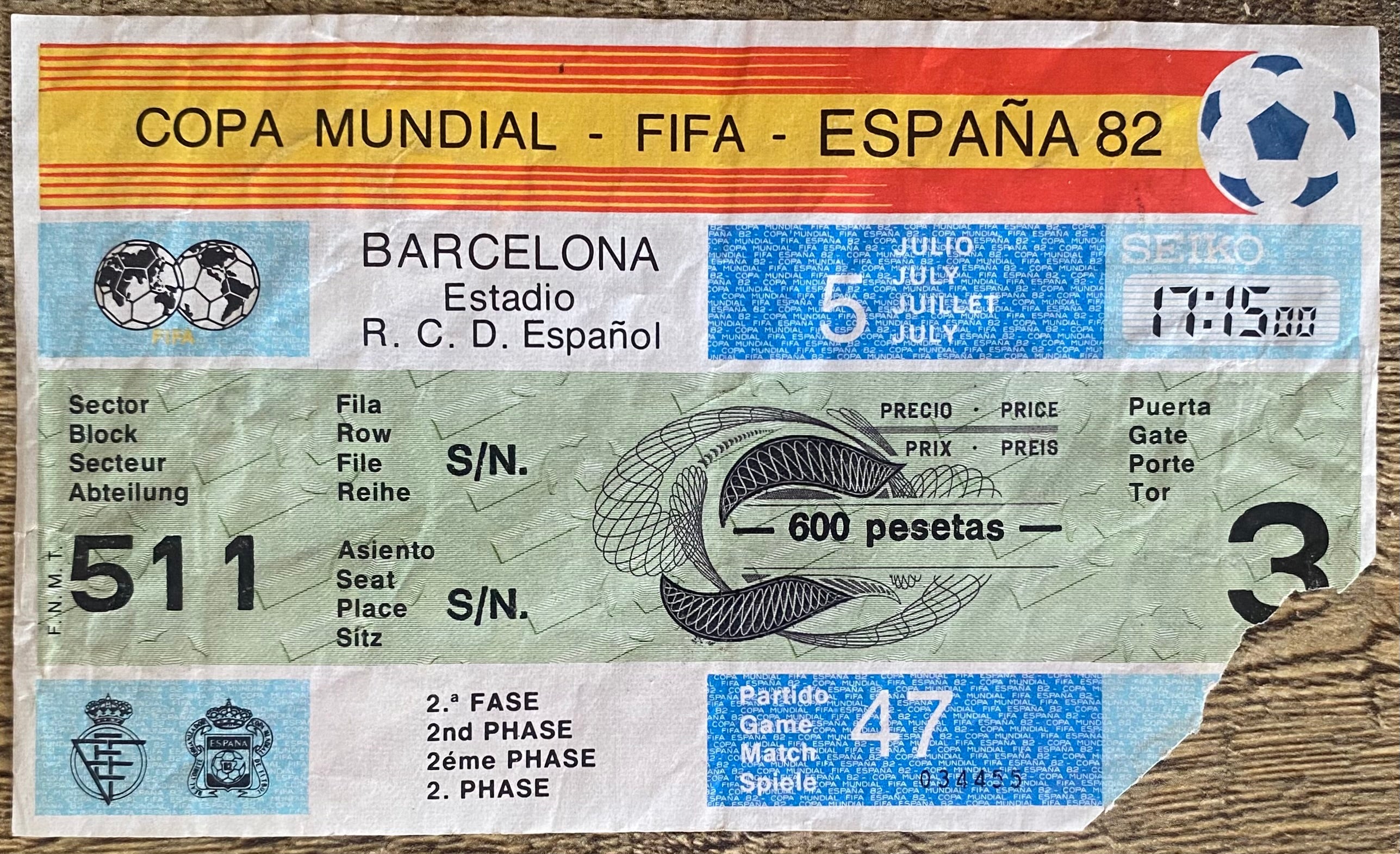 1982 ORIGINAL WORLD CUP 2ND PHASE TICKET ITALY V BRAZIL @ BARCELONA
