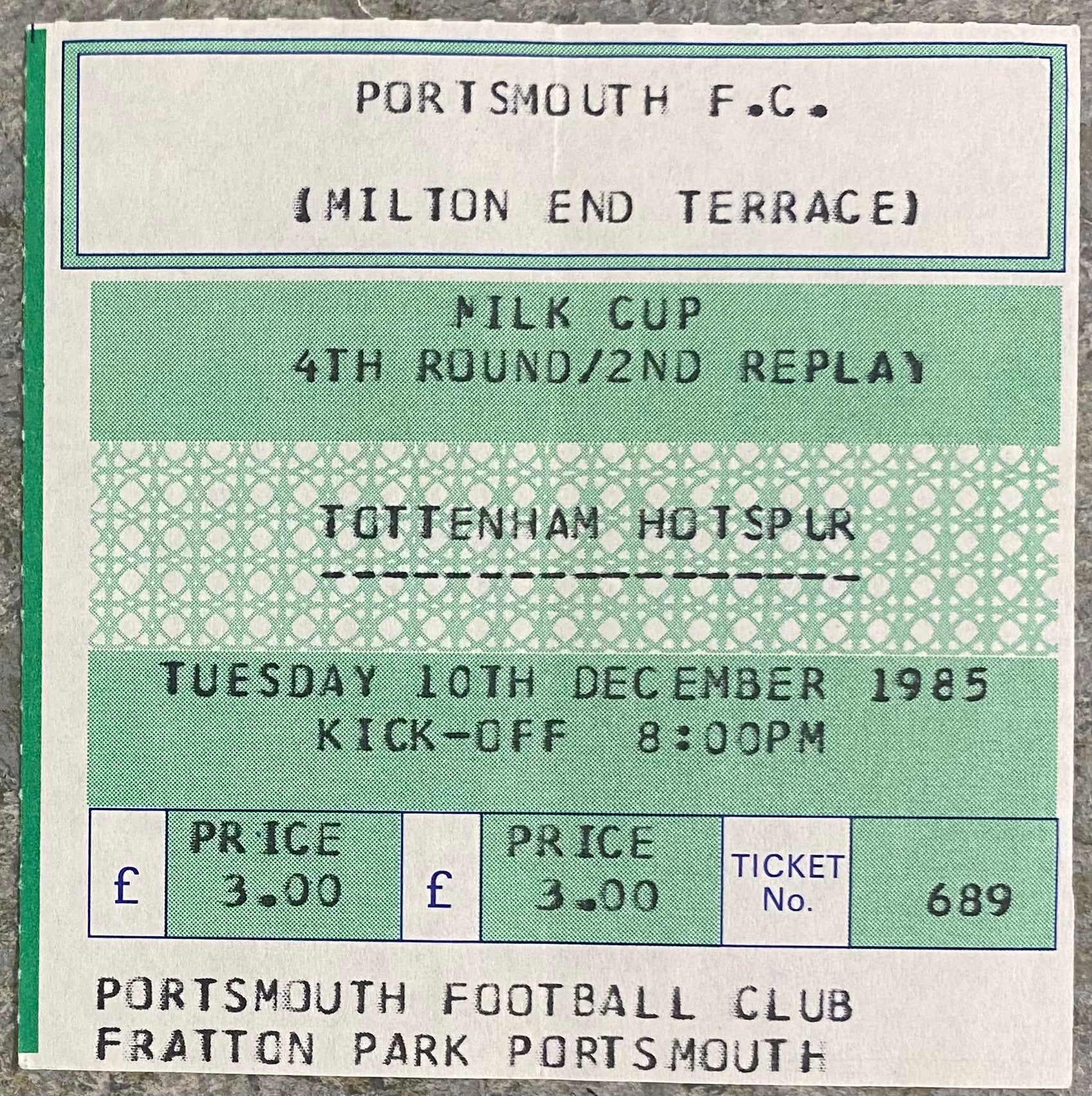 1985/86 ORIGINAL LEAGUE CUP 4TH ROUND 2ND REPLAY TICKET PORTSMOUTH V TOTTENHAM HOTSPUR