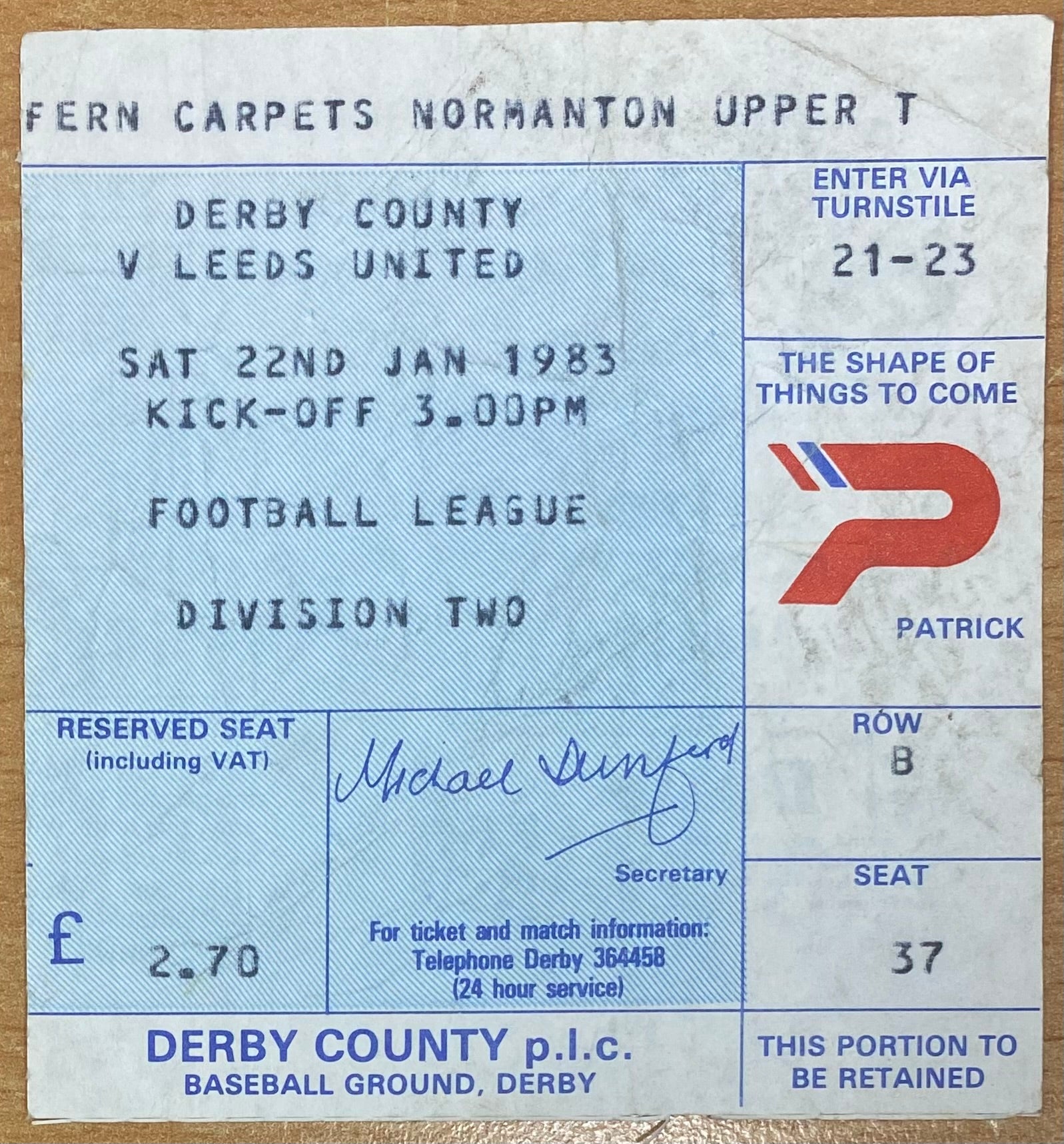 1982/83 ORIGINAL DIVISION 2 TICKET DERBY COUNTY V LEEDS UNITED