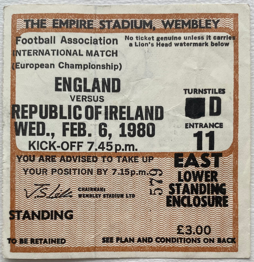 1980 ORIGINAL EUROPEAN CHAMPIONSHIPS QUALIFYING TICKET ENGLAND V REPUBLIC OF IRELAND