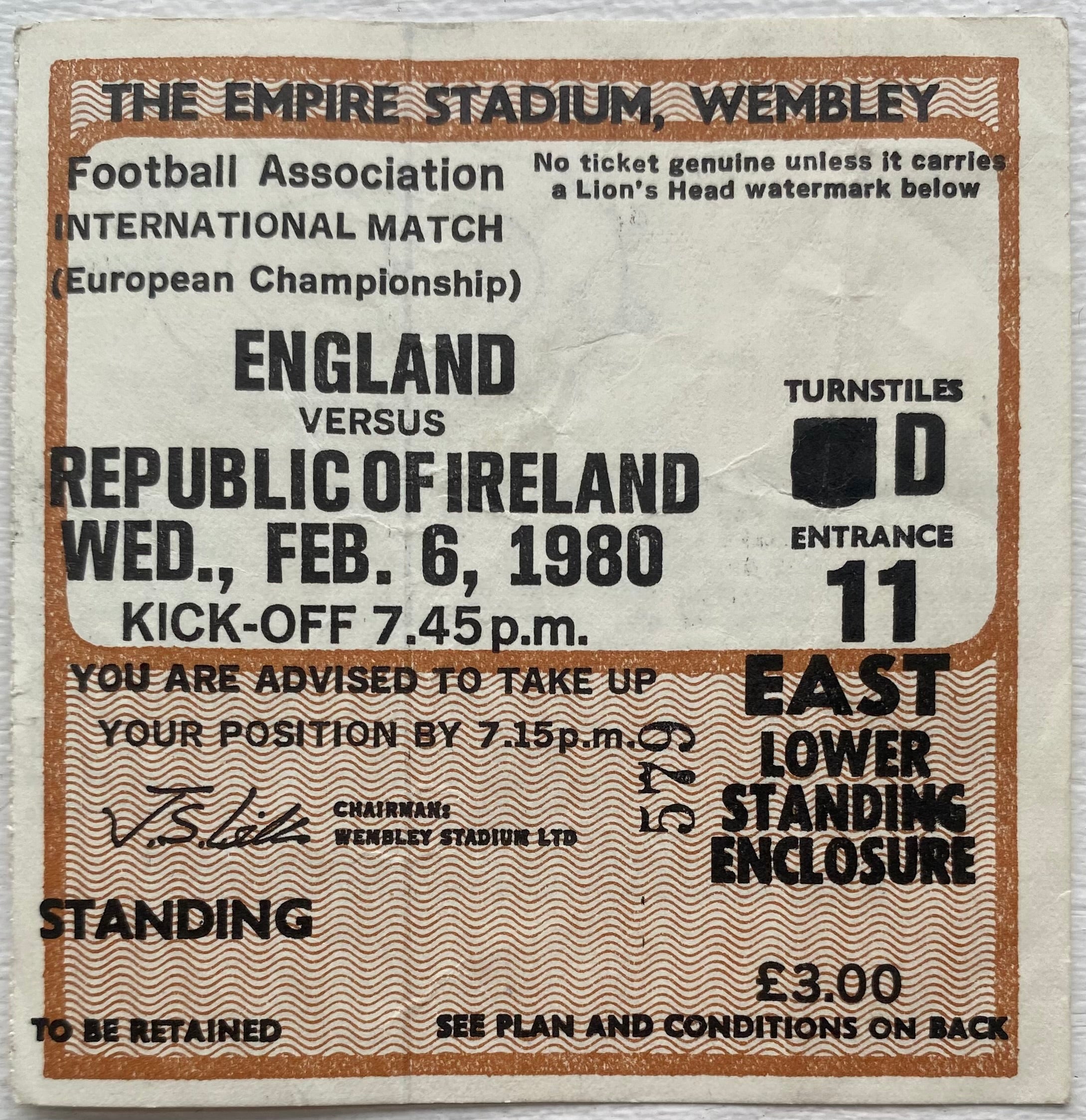 1980 ORIGINAL EUROPEAN CHAMPIONSHIPS QUALIFYING TICKET ENGLAND V REPUBLIC OF IRELAND