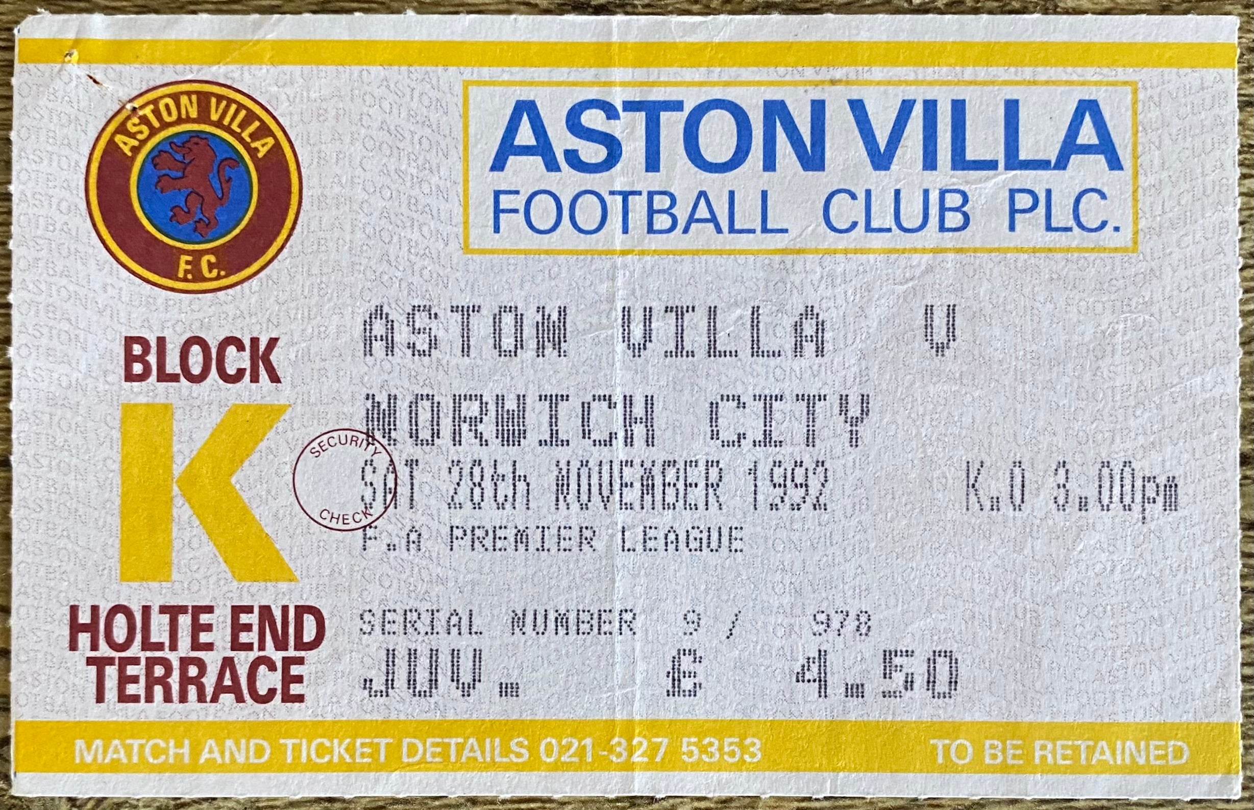 1992/93 ORIGINAL PREMIER LEAGUE TICKET ASTON VILLA V NORWICH CITY