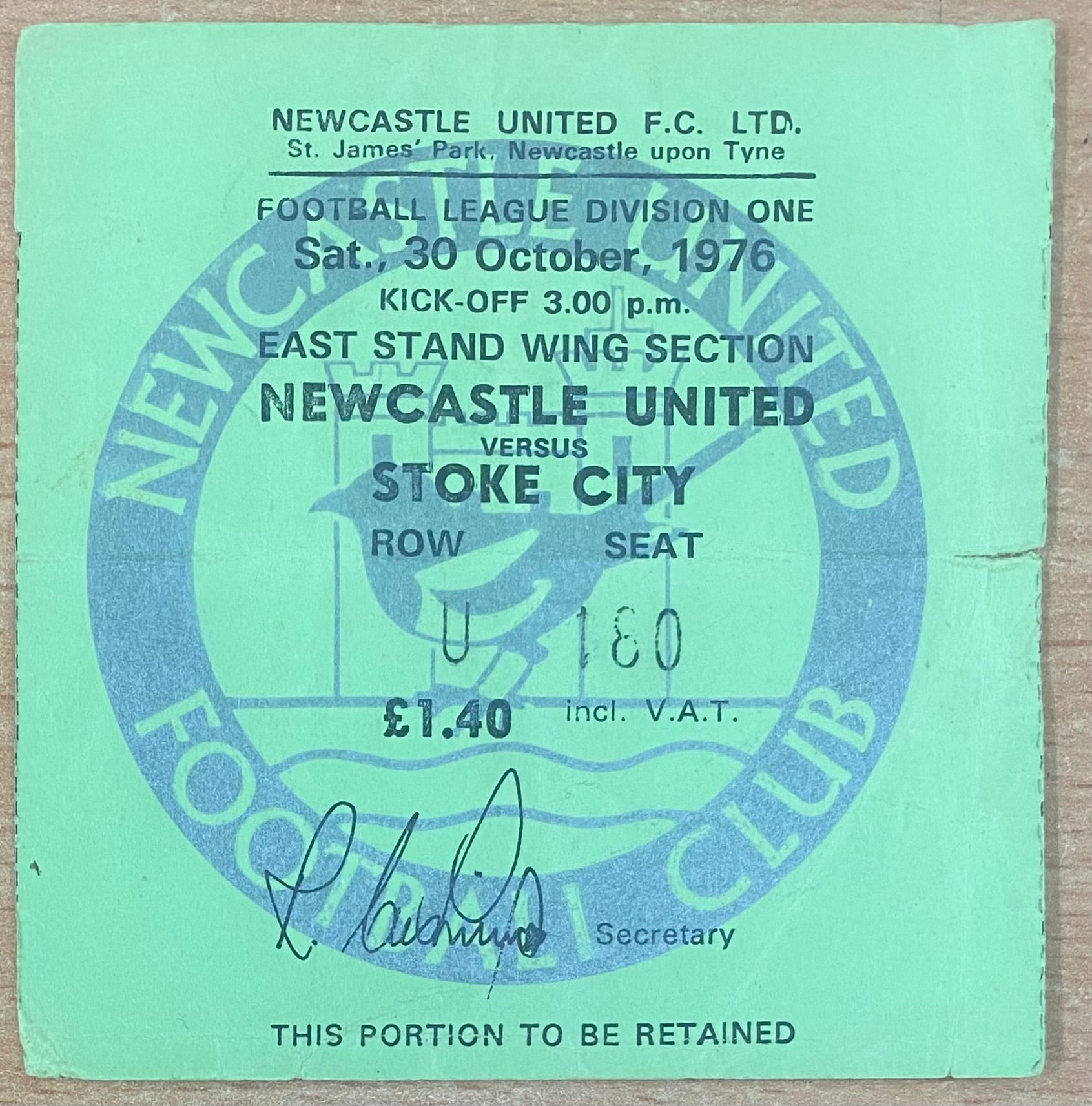 1976/77 ORIGINAL DIVISION 1 TICKET NEWCASTLE UNITED V STOKE CITY