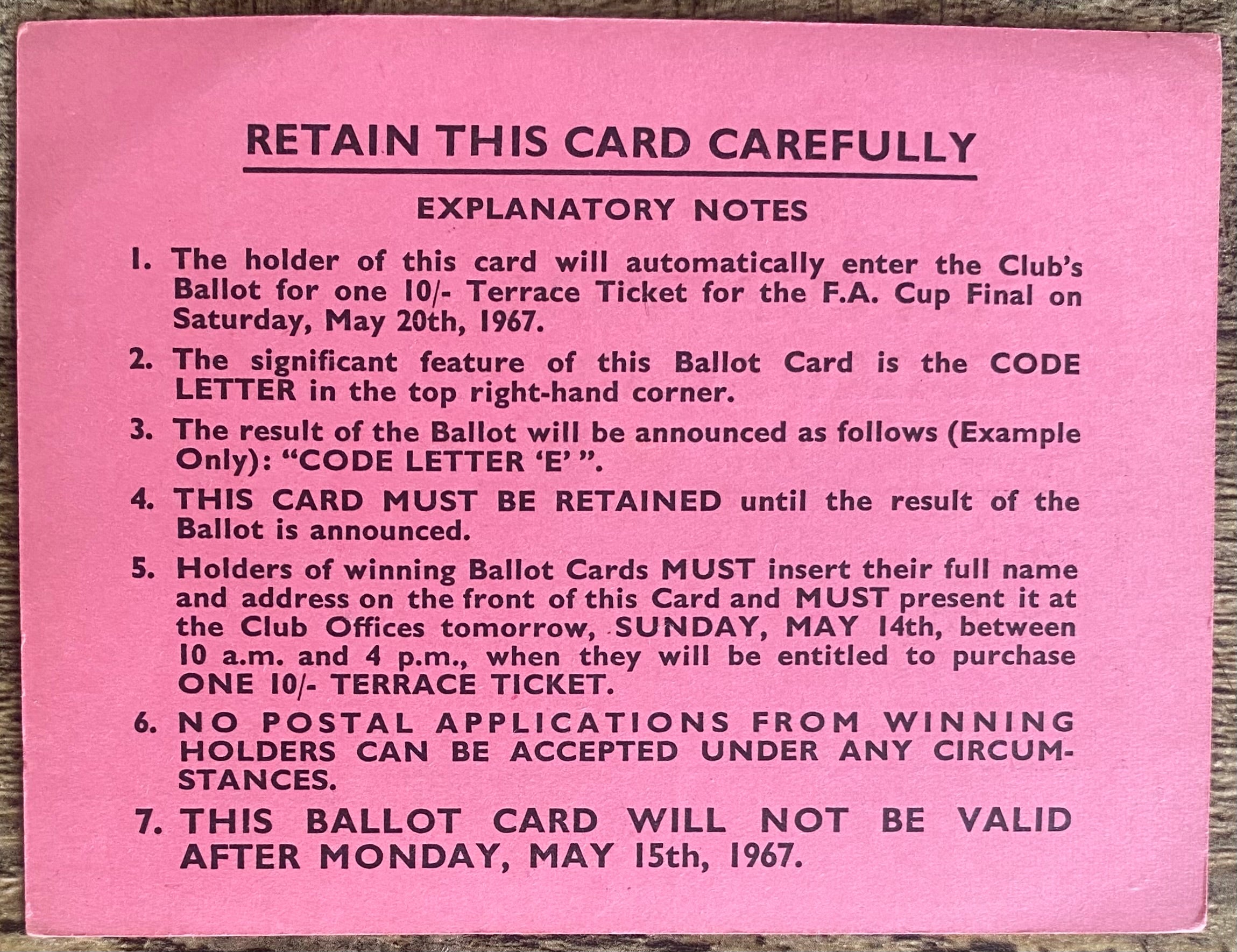 1967 ORIGINAL FA CUP FINAL TICKET TOTTENHAM HOTSPUR BALLOT CARD