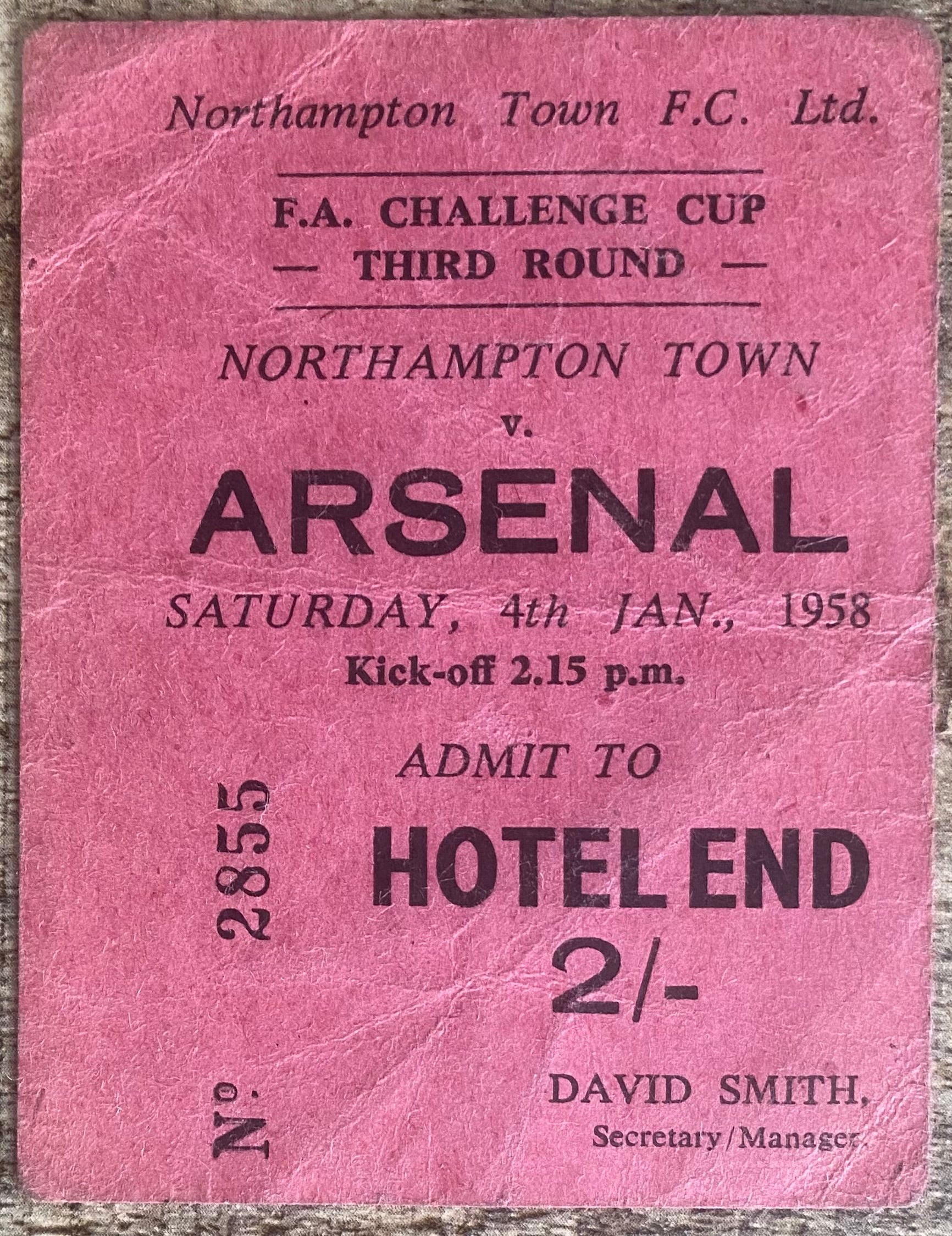 1957/58 ORIGINAL FA CUP 3RD ROUND TICKET NORTHAMPTON TOWN V ARSENAL