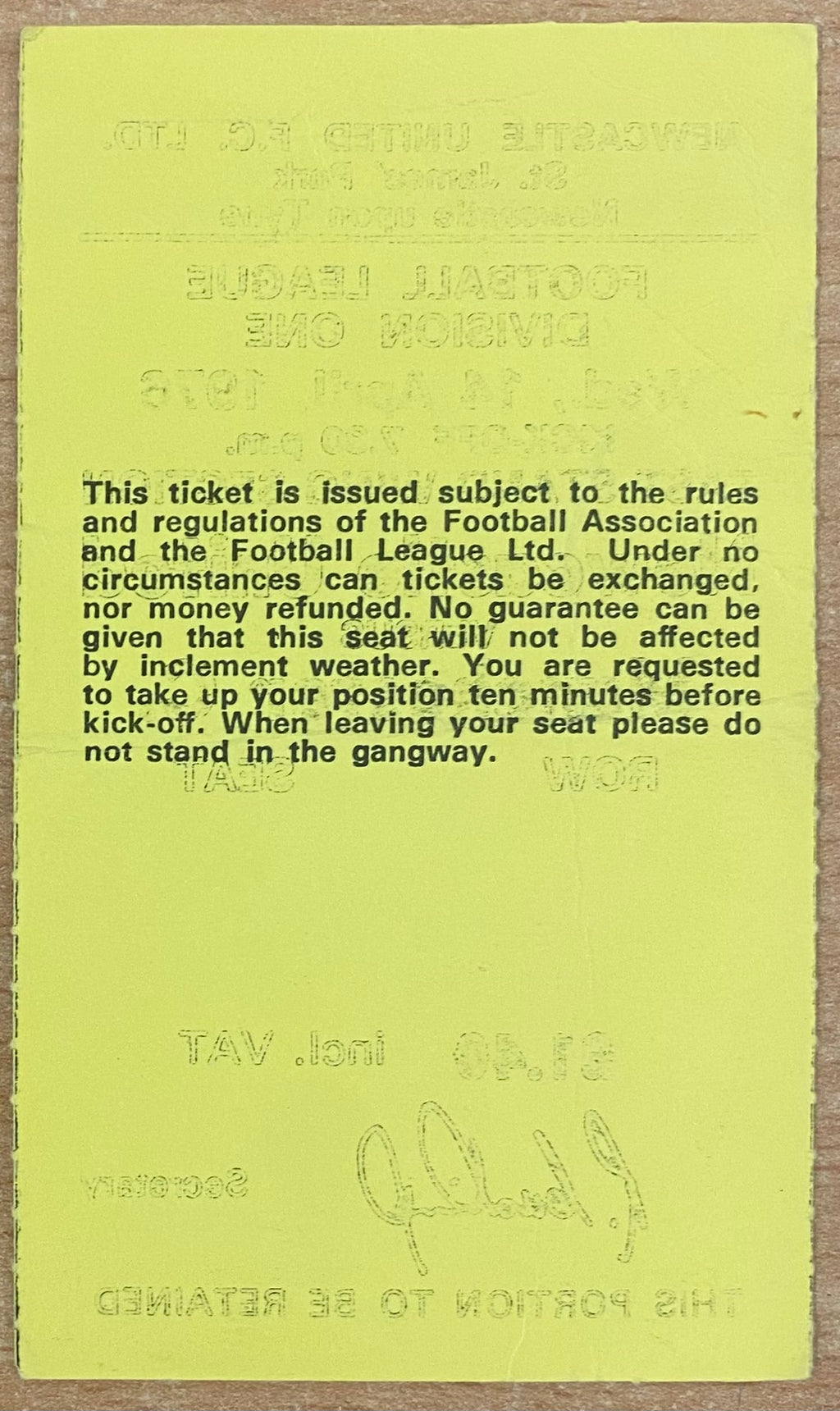 1975/76 ORIGINAL DIVISION 1 TICKET NEWCASTLE UNITED V MANCHESTER CITY