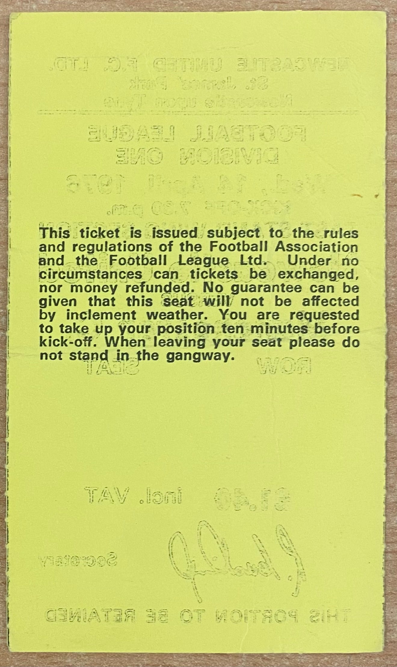 1975/76 ORIGINAL DIVISION 1 TICKET NEWCASTLE UNITED V MANCHESTER CITY