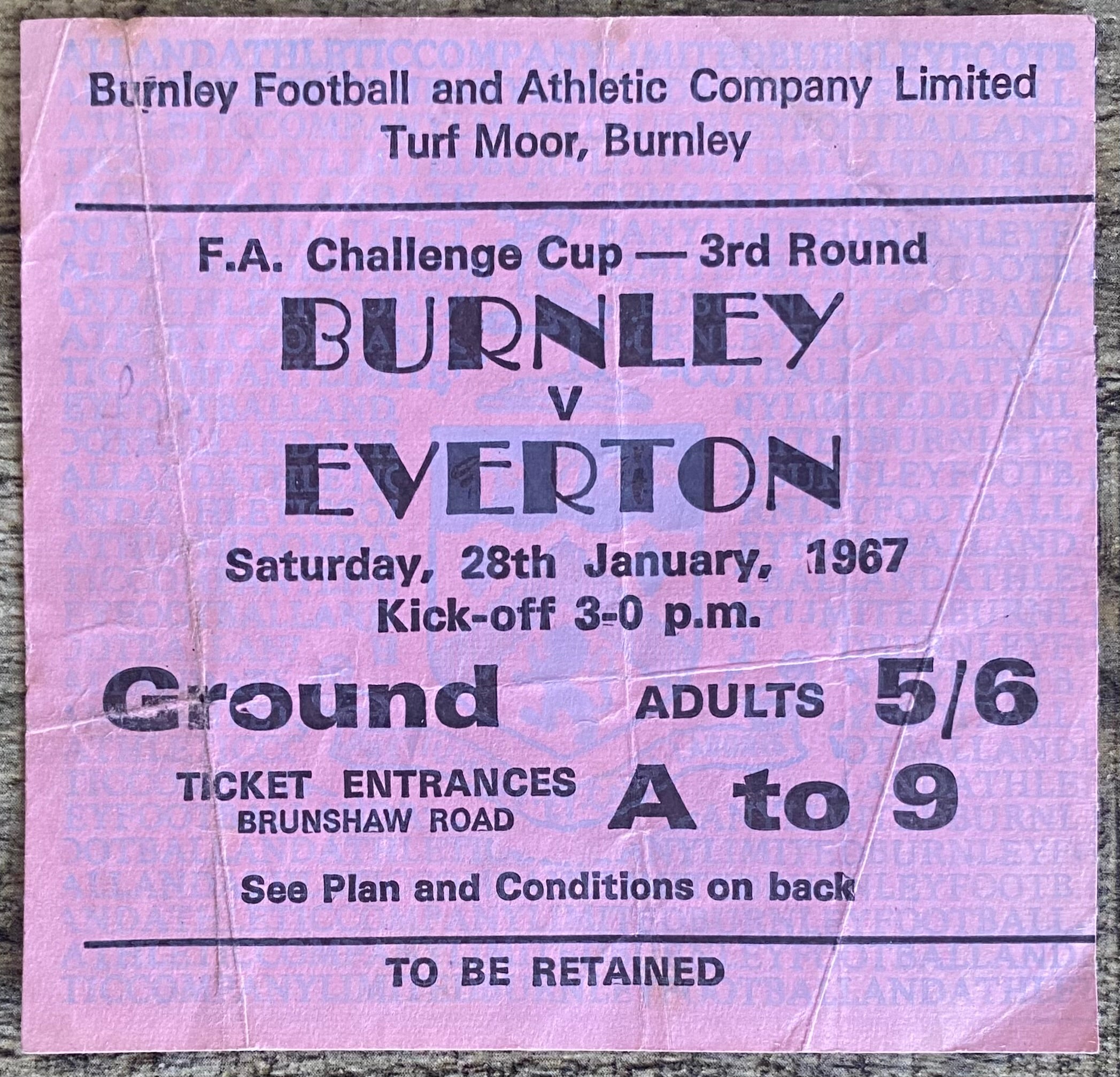 1966/67 ORIGINAL FA CUP 3RD ROUND TICKET BURNLEY V EVERTON