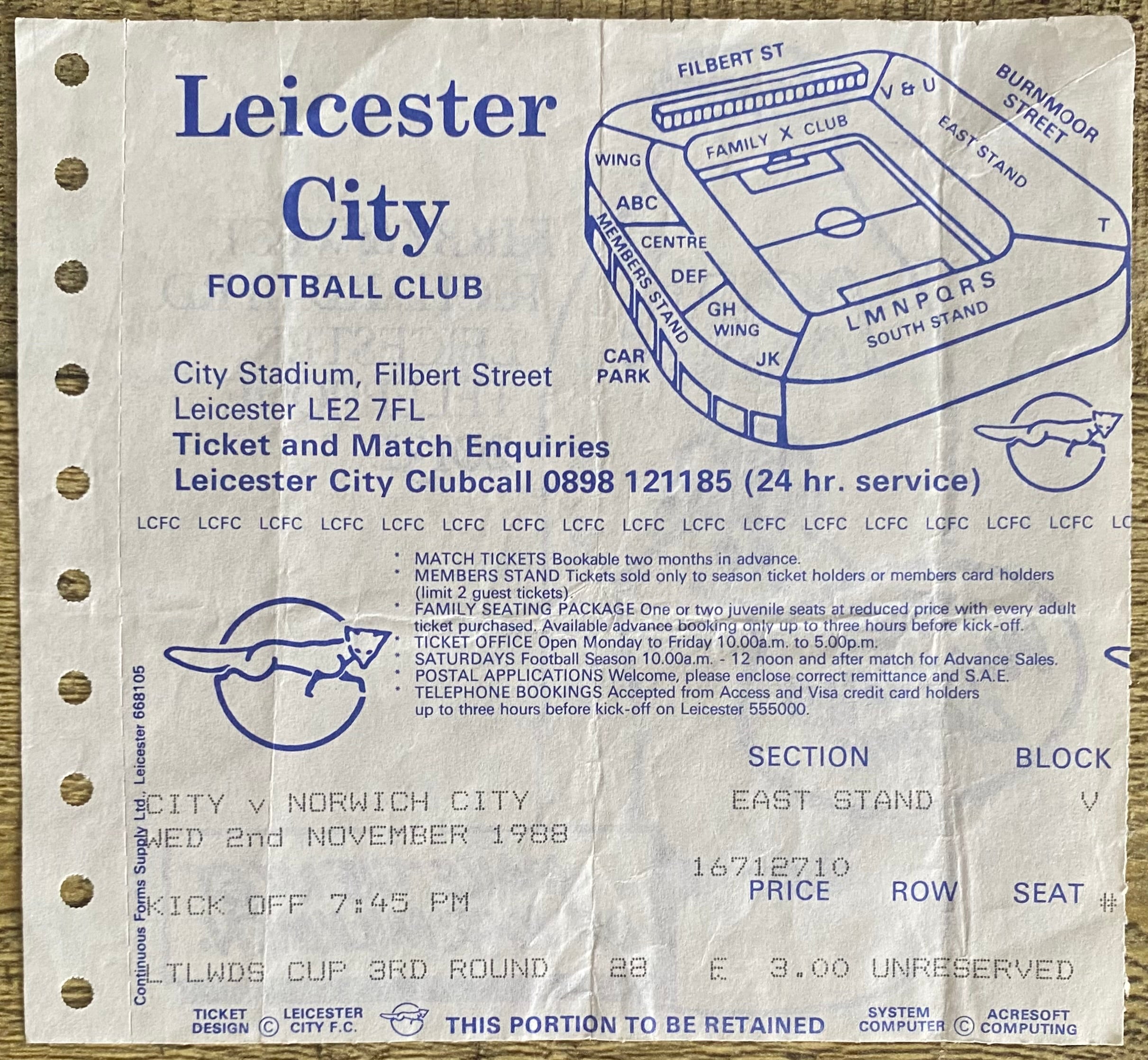 1988/89 ORIGINAL LITTLEWOODS CUP 3RD ROUND TICKET LEICESTER CITY V NORWICH CITY