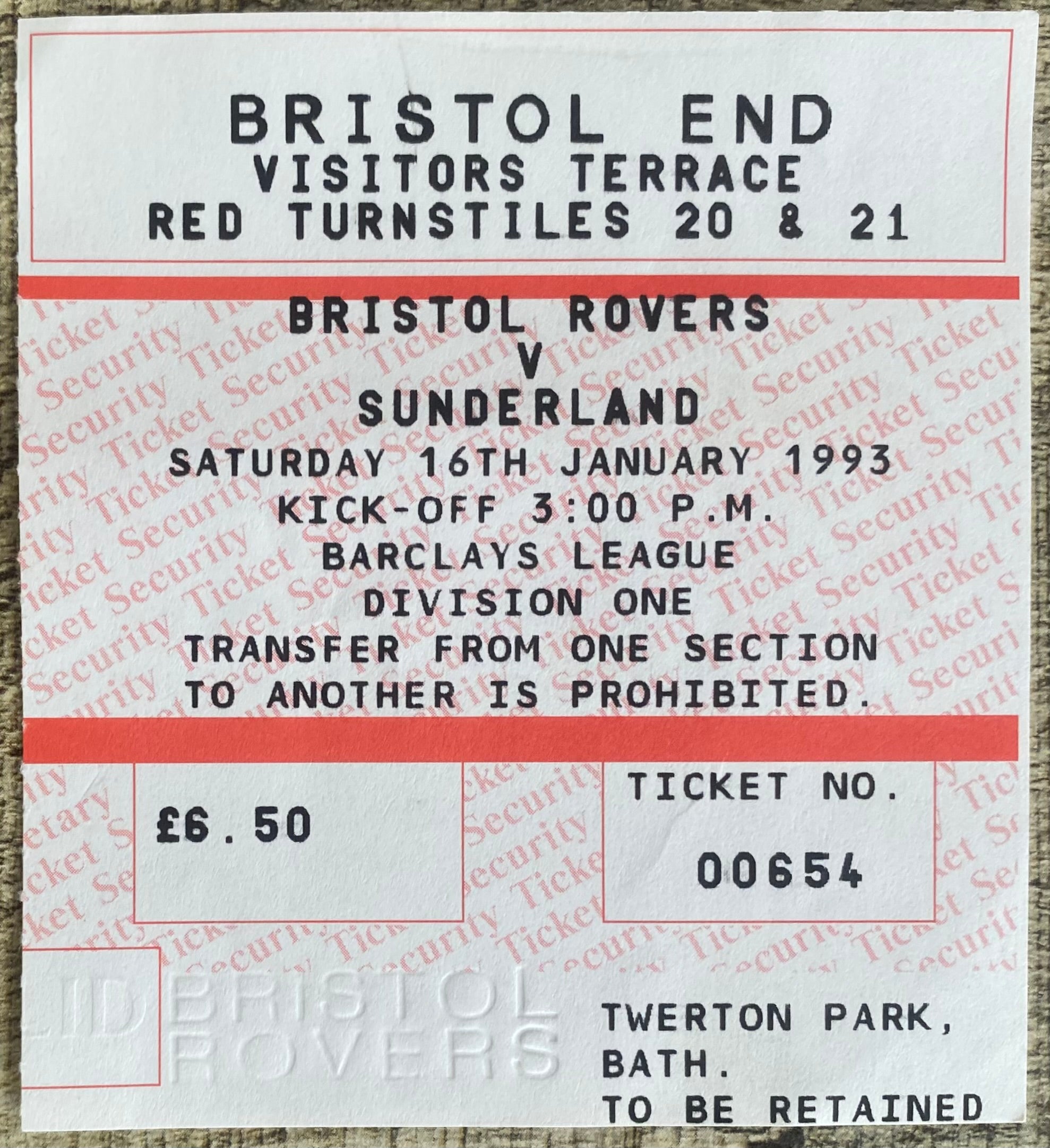 1992/93 ORIGINAL DIVISION 1 TICKET BRISTOL ROVERS V SUNDERLAND